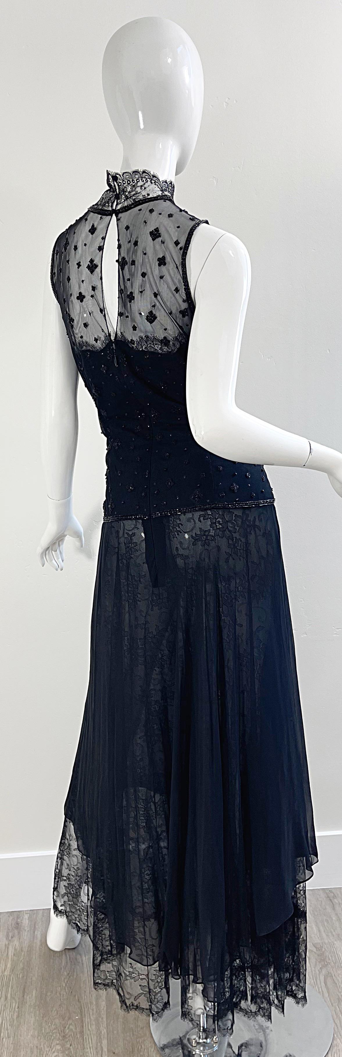 Oscar de la Renta - Robe vintage en mousseline de soie noire et dentelle Chantilly, taille 10 / 12  Pour femmes en vente