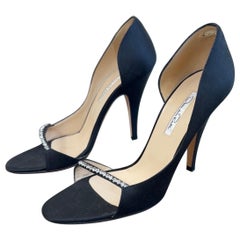 Vintage Oscar de la Renta Size 38.5 / 8.5 Y2K Black Satin Crystal Evening Heels