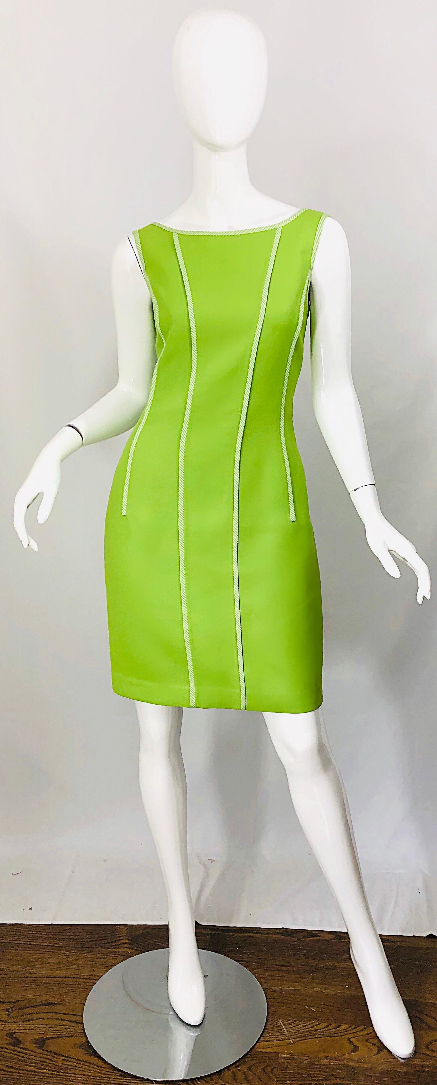 Vintage Oscar de la Renta Size 8 1990s Lime Green Gingham 90s Sheath Dress 6