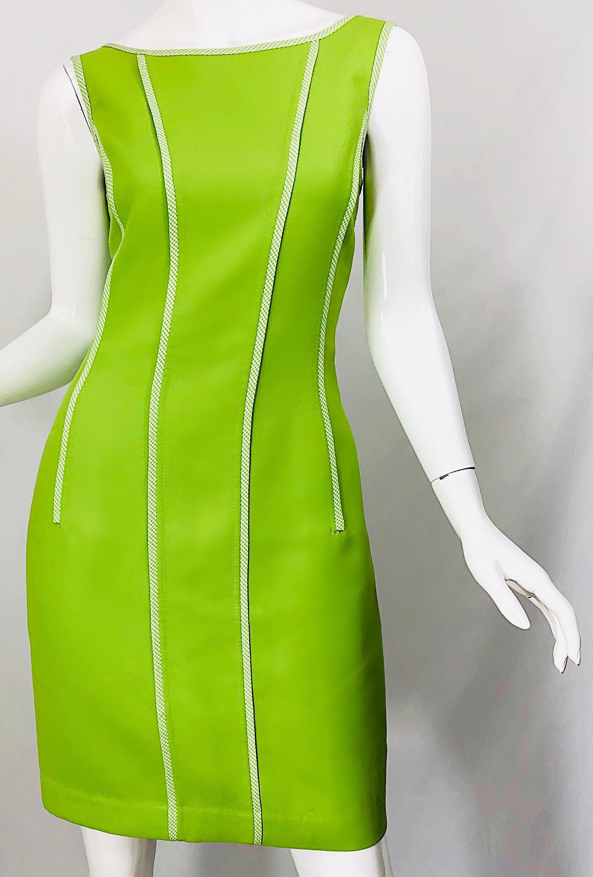 Vintage Oscar de la Renta Size 8 1990s Lime Green Gingham 90s Sheath Dress 2