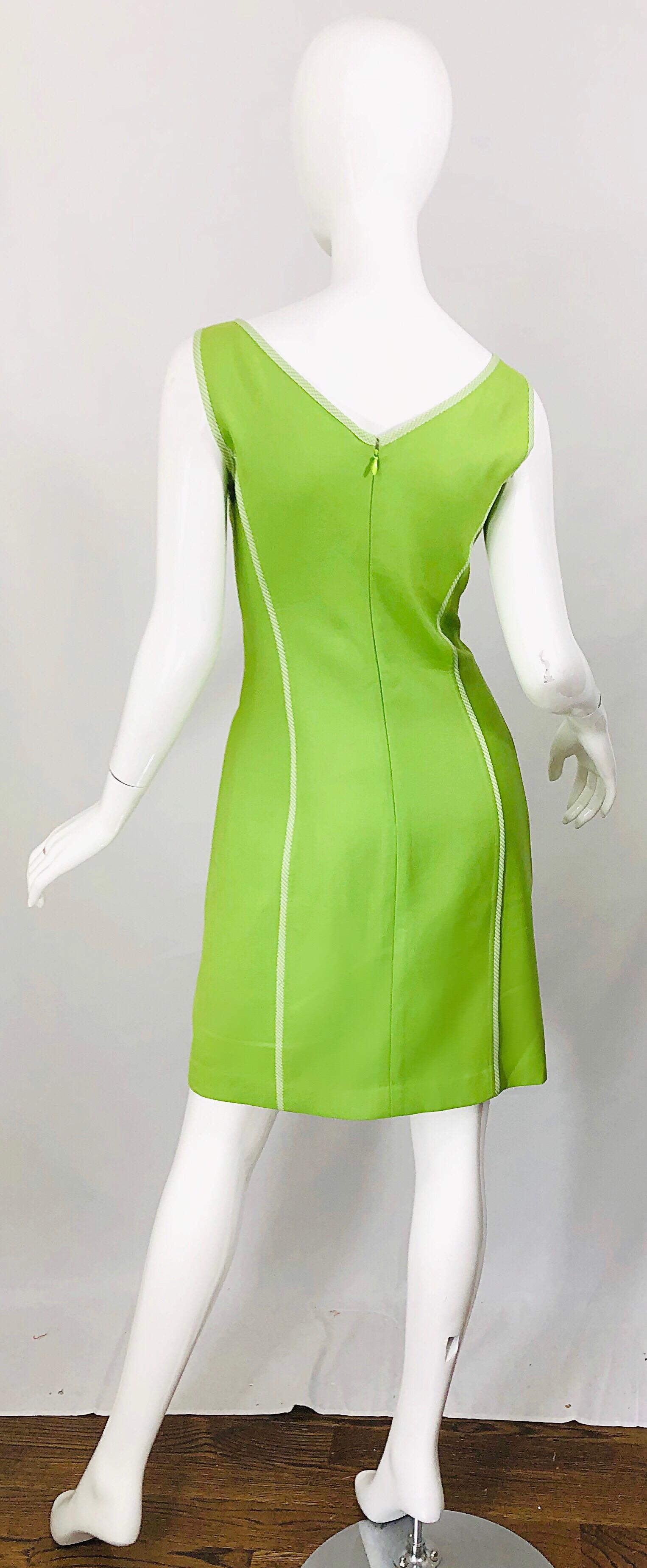 Vintage Oscar de la Renta Size 8 1990s Lime Green Gingham 90s Sheath Dress 3