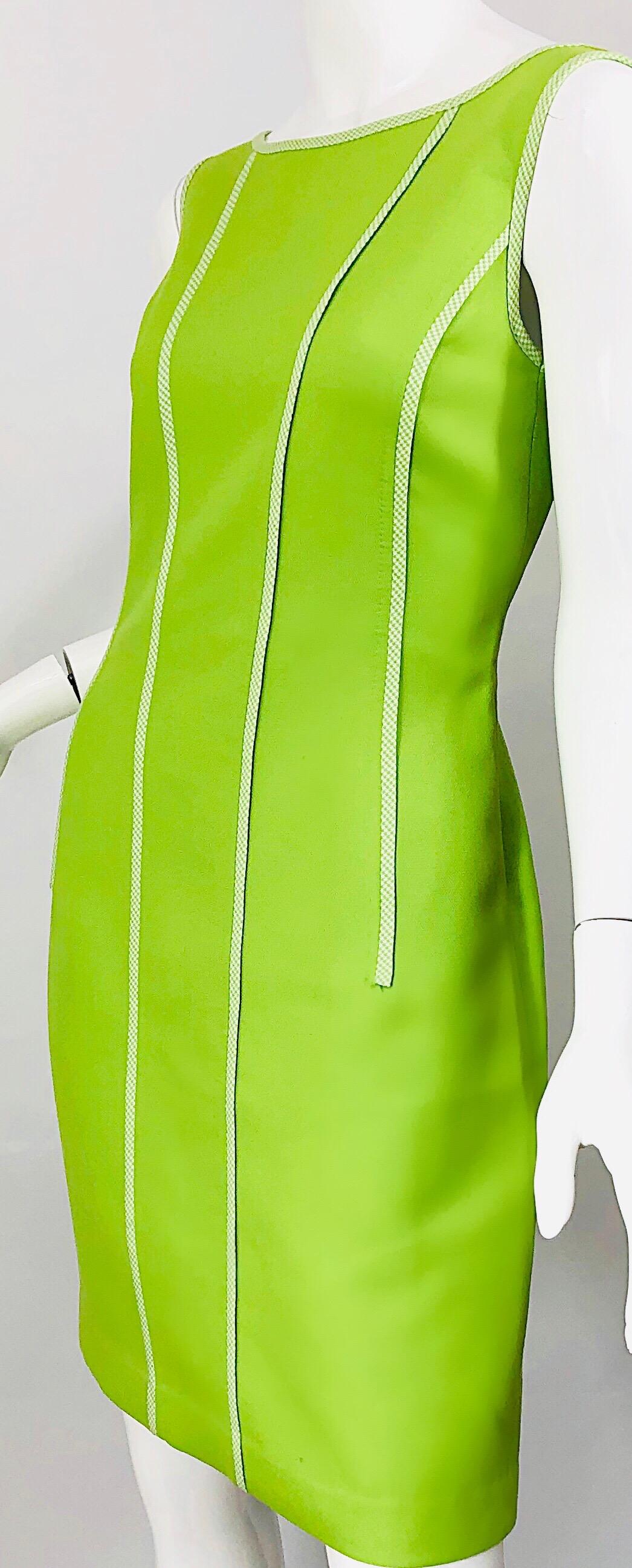 Vintage Oscar de la Renta Size 8 1990s Lime Green Gingham 90s Sheath Dress 4