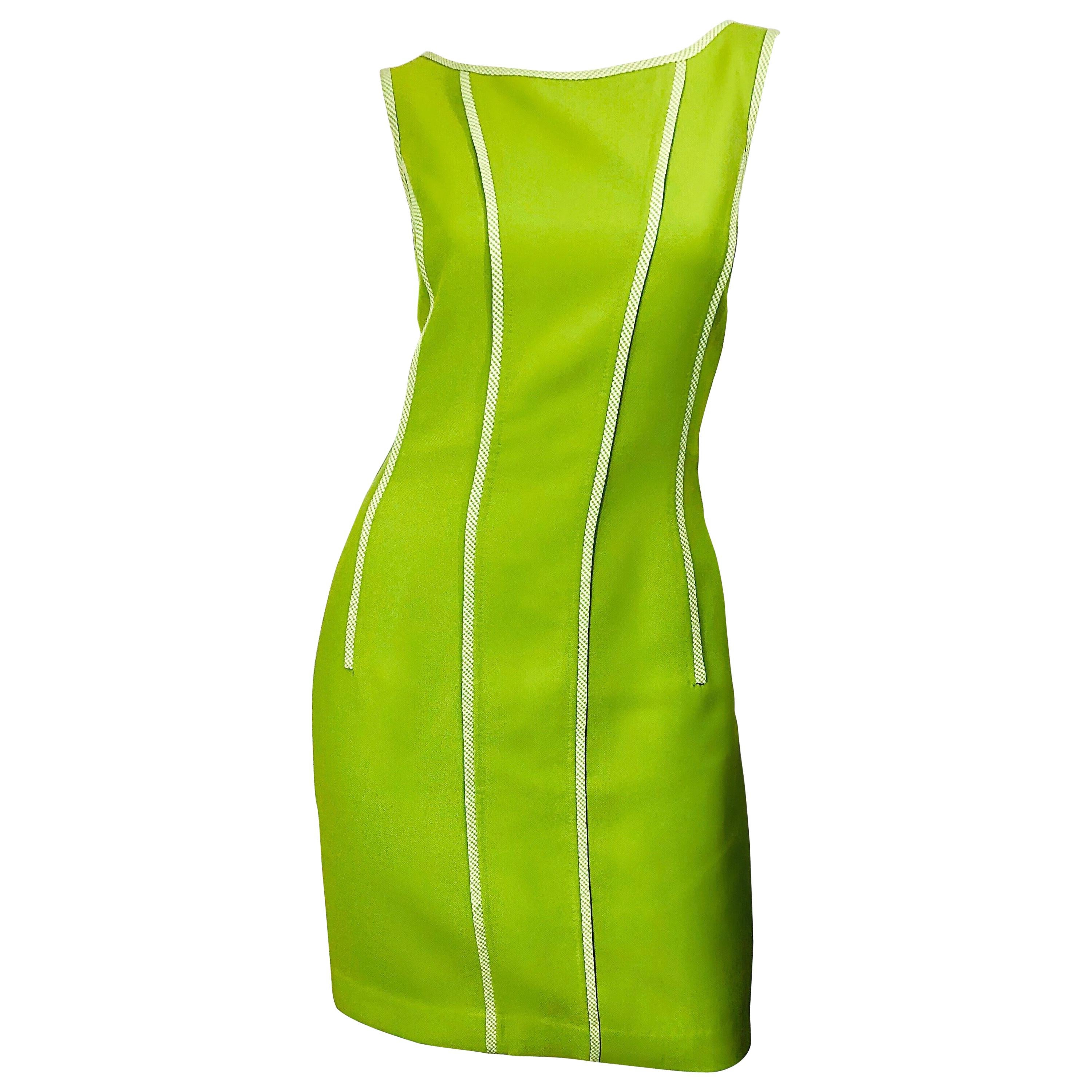 Vintage Oscar de la Renta Size 8 1990s Lime Green Gingham 90s Sheath Dress
