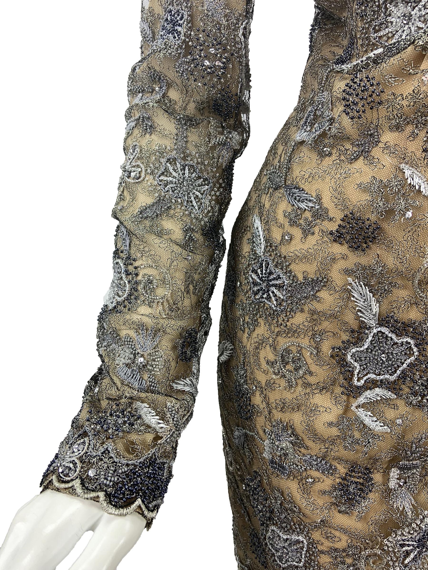 Robe vintage Oscar de la Renta gris fumé métallisé entièrement ornée de dentelle 10 en vente 7