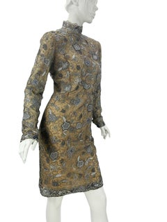 Vintage Oscar de la Renta Smoky Gray Metallic Lace Fully Embellished Dress 10