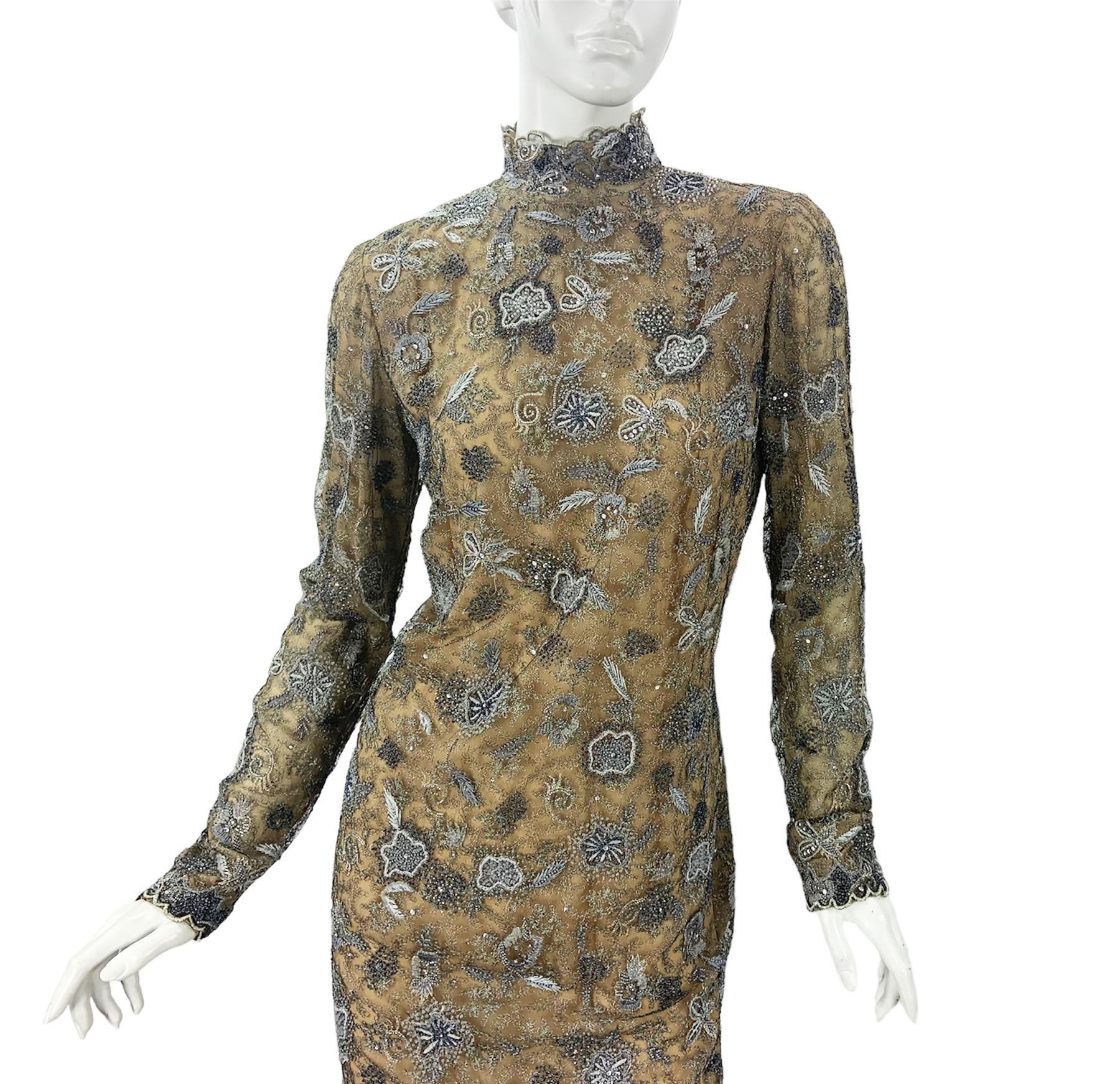 Vintage Oscar de la Renta Smoky Gray Metallic Lace Fully Embellished Dress 10 For Sale 1