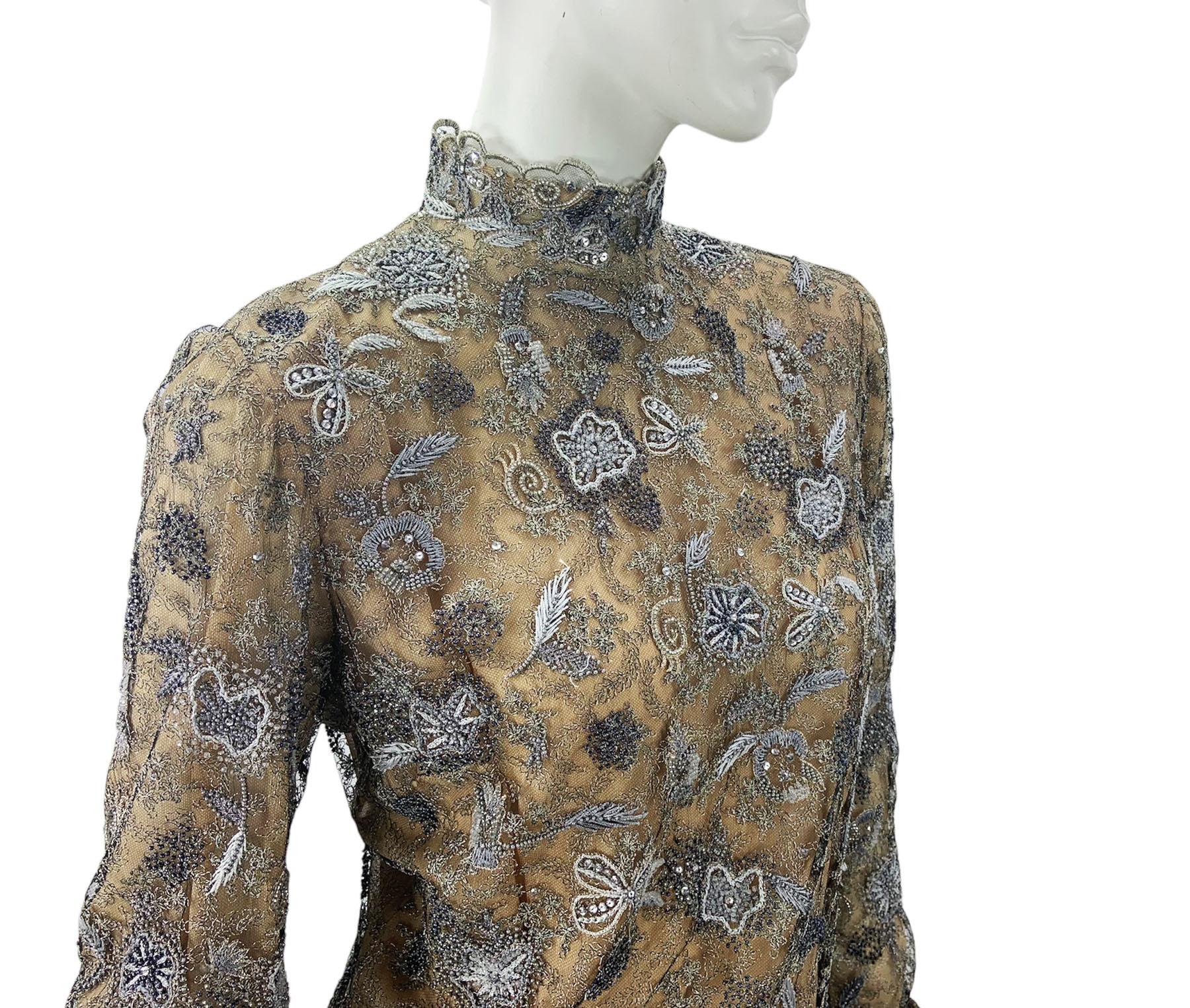 Vintage Oscar de la Renta Smoky Gray Metallic Lace Fully Embellished Dress 10 For Sale 2