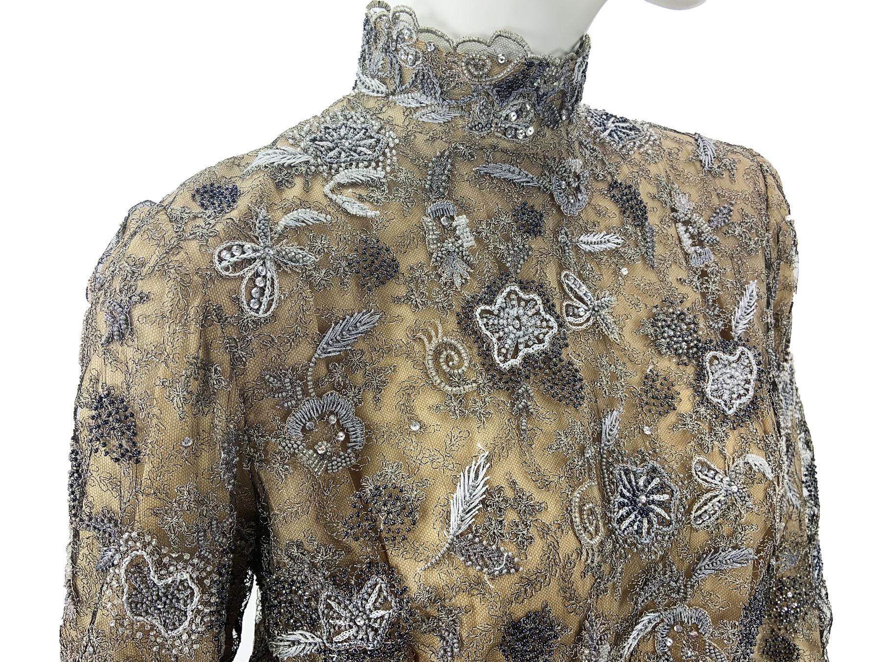 Vintage Oscar de la Renta Smoky Gray Metallic Lace Fully Embellished Dress 10 For Sale 3