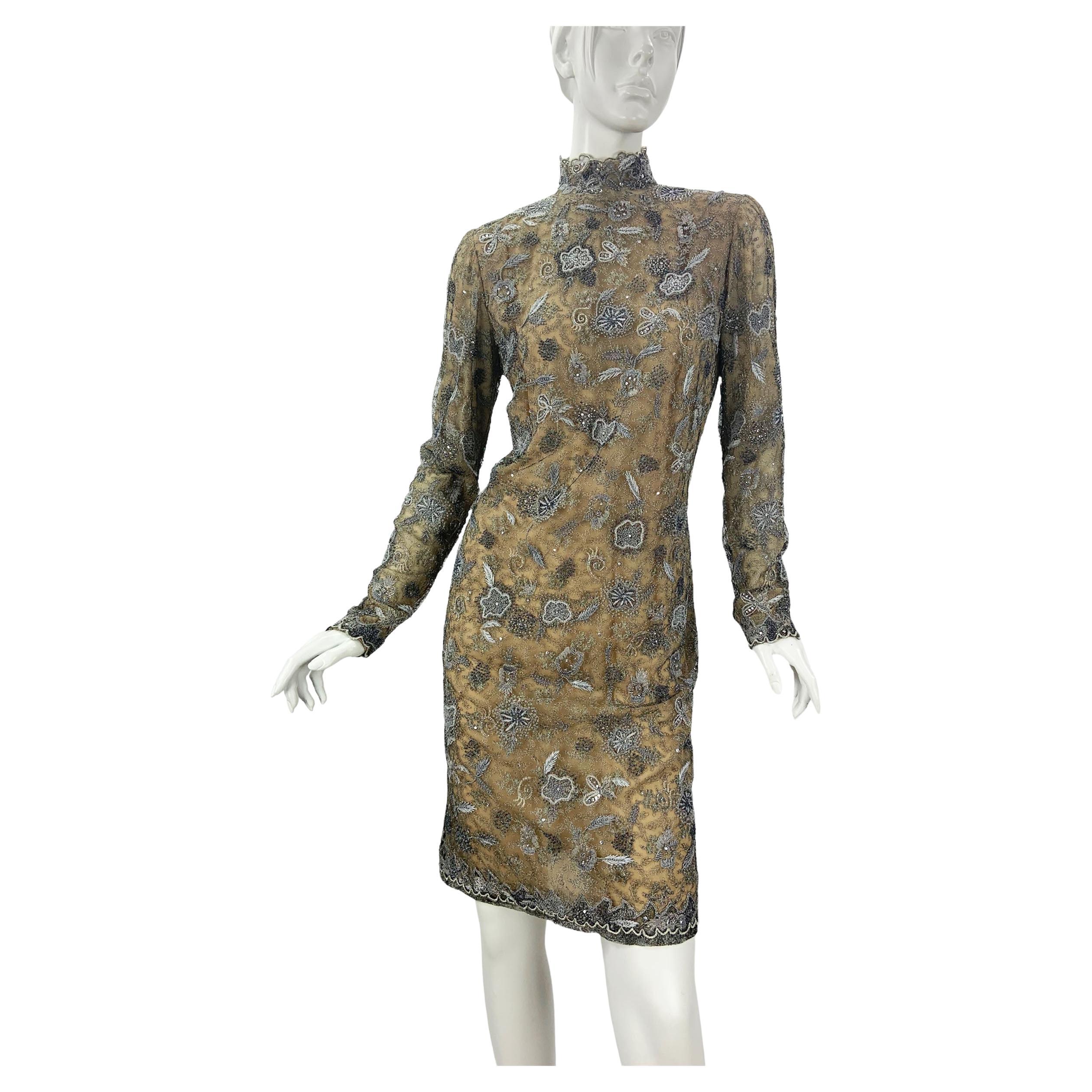 Vintage Oscar de la Renta Smoky Gray Metallic Lace Fully Embellished Dress 10 For Sale