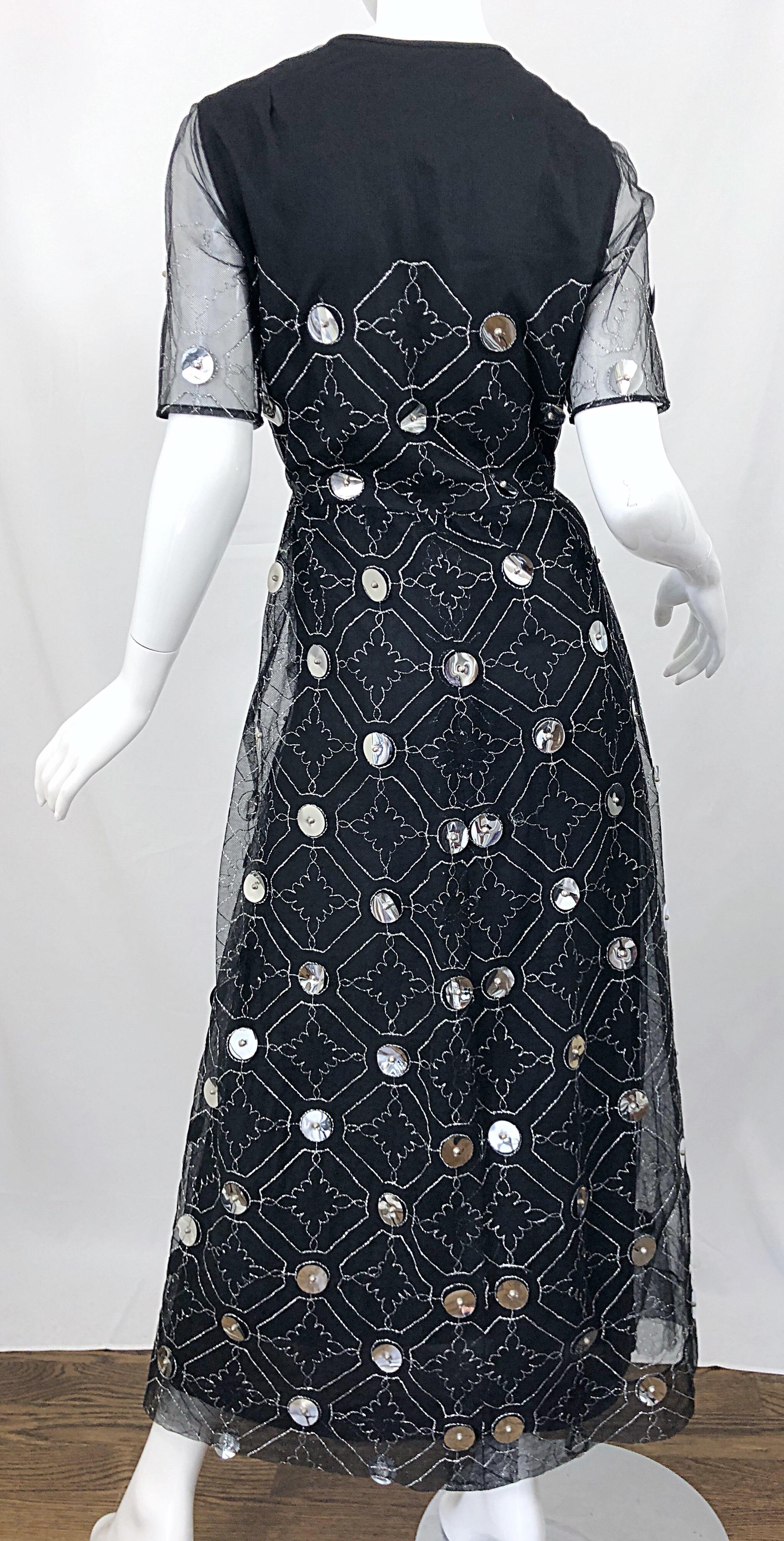 Vintage Oscar de la Renta Sz 8 10 1970s Black Tulle + Silver Pailletes 70s Gown 6