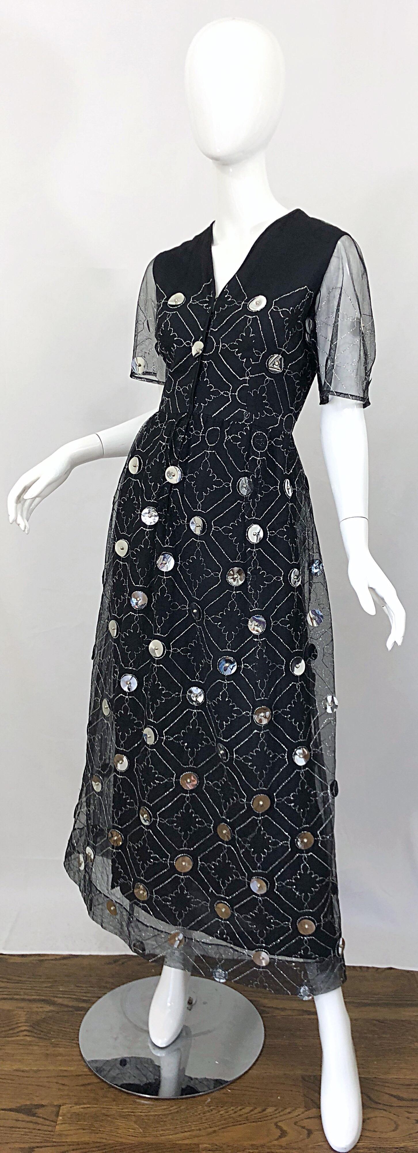 Vintage Oscar de la Renta Sz 8 10 1970s Black Tulle + Silver Pailletes 70s Gown 7