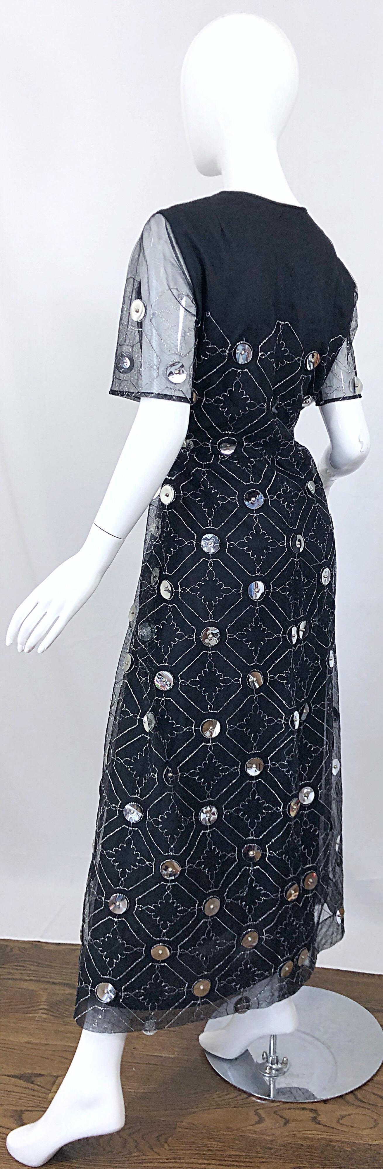 Vintage Oscar de la Renta Sz 8 10 1970s Black Tulle + Silver Pailletes 70s Gown 9