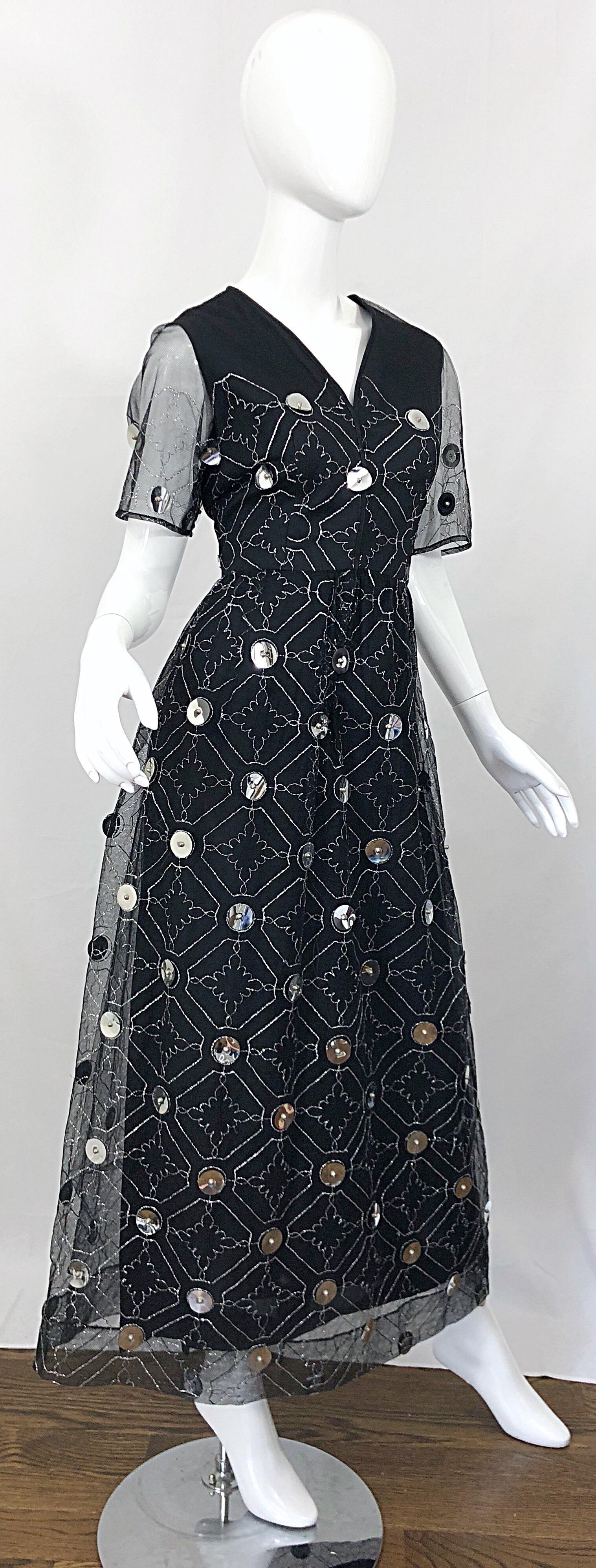 Vintage Oscar de la Renta Sz 8 10 1970s Black Tulle + Silver Pailletes 70s Gown 10