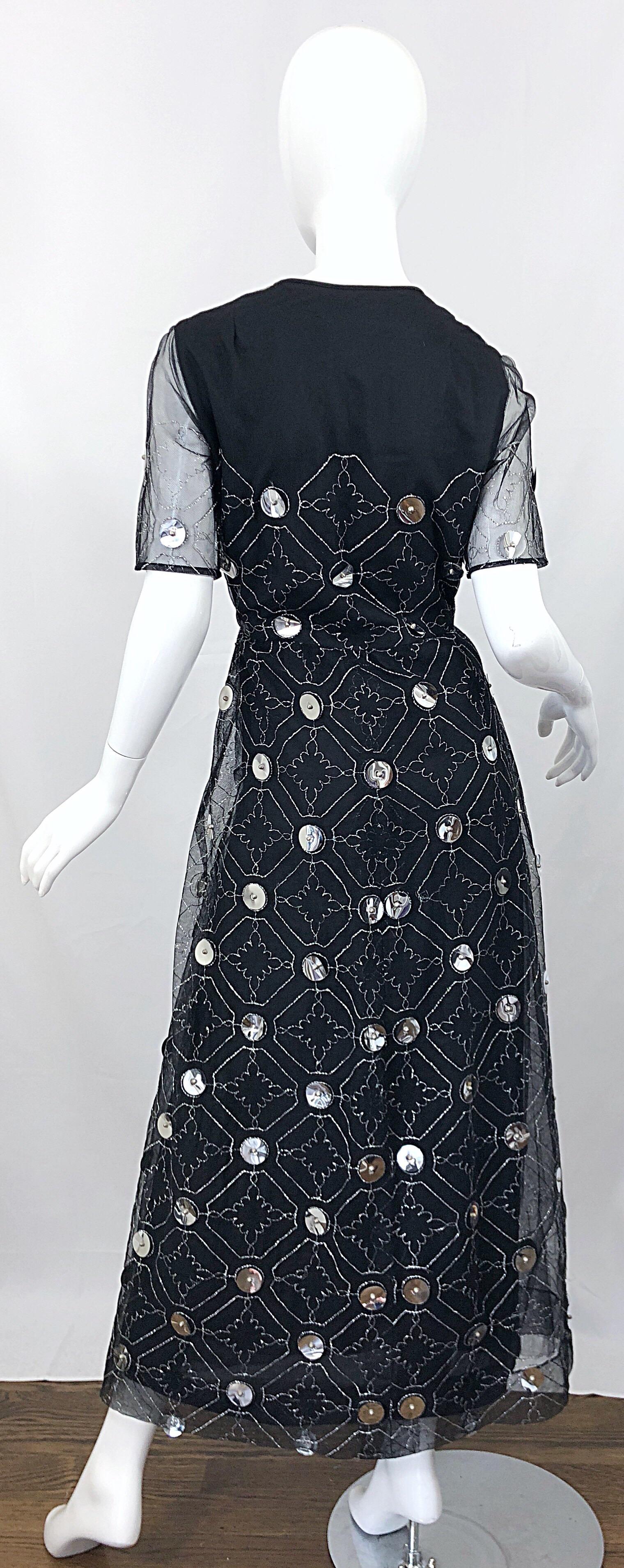Vintage Oscar de la Renta Sz 8 10 1970s Black Tulle + Silver Pailletes 70s Gown Damen