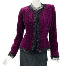 Vintage Oscar de la Renta Velvet Quilted Lace Beads Embellished Fitted Jacket 10