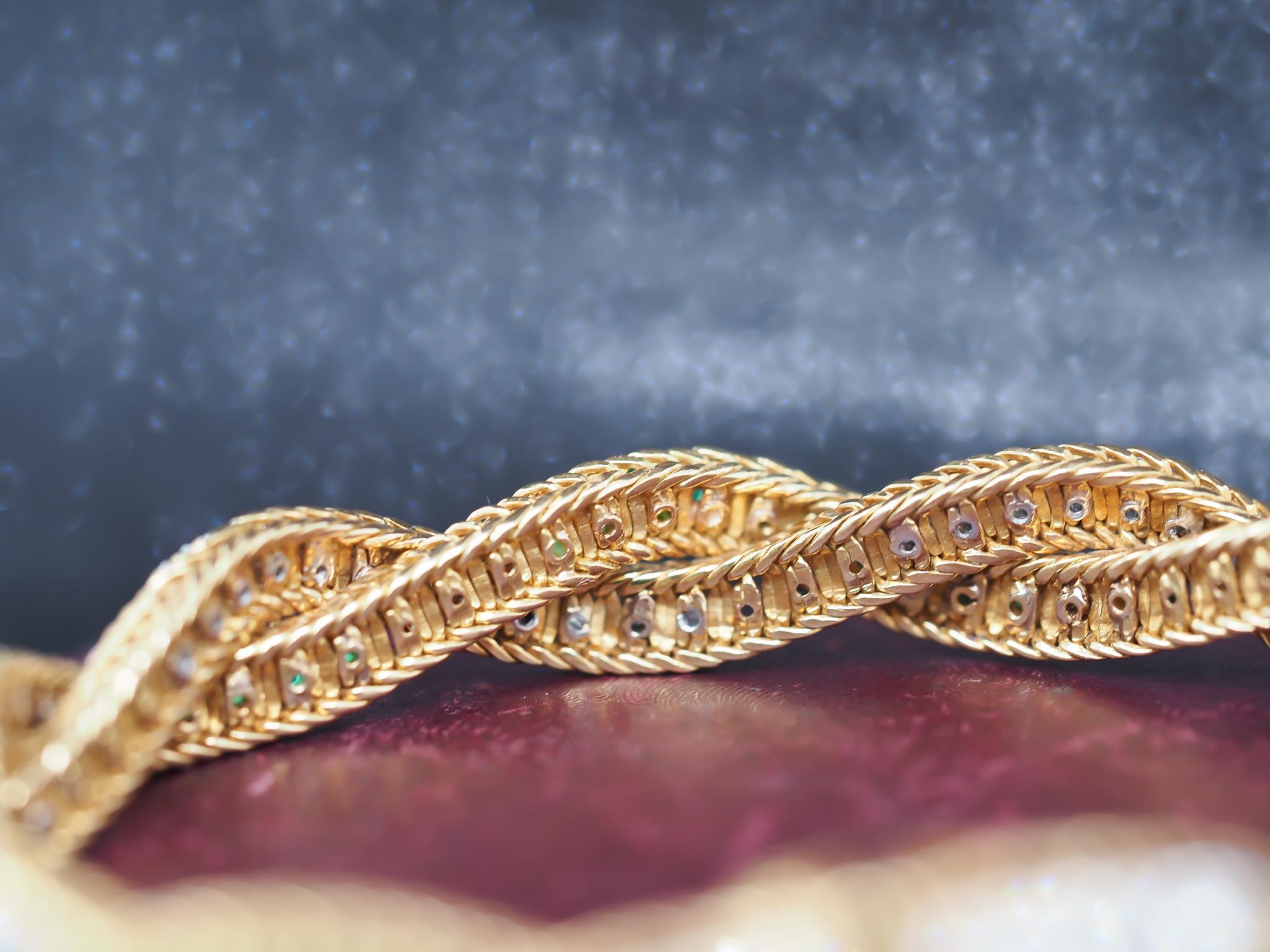 Vintage Oscar Heyman 18K Gold & Platinum Emerald and Diamond Bracelet For Sale 2