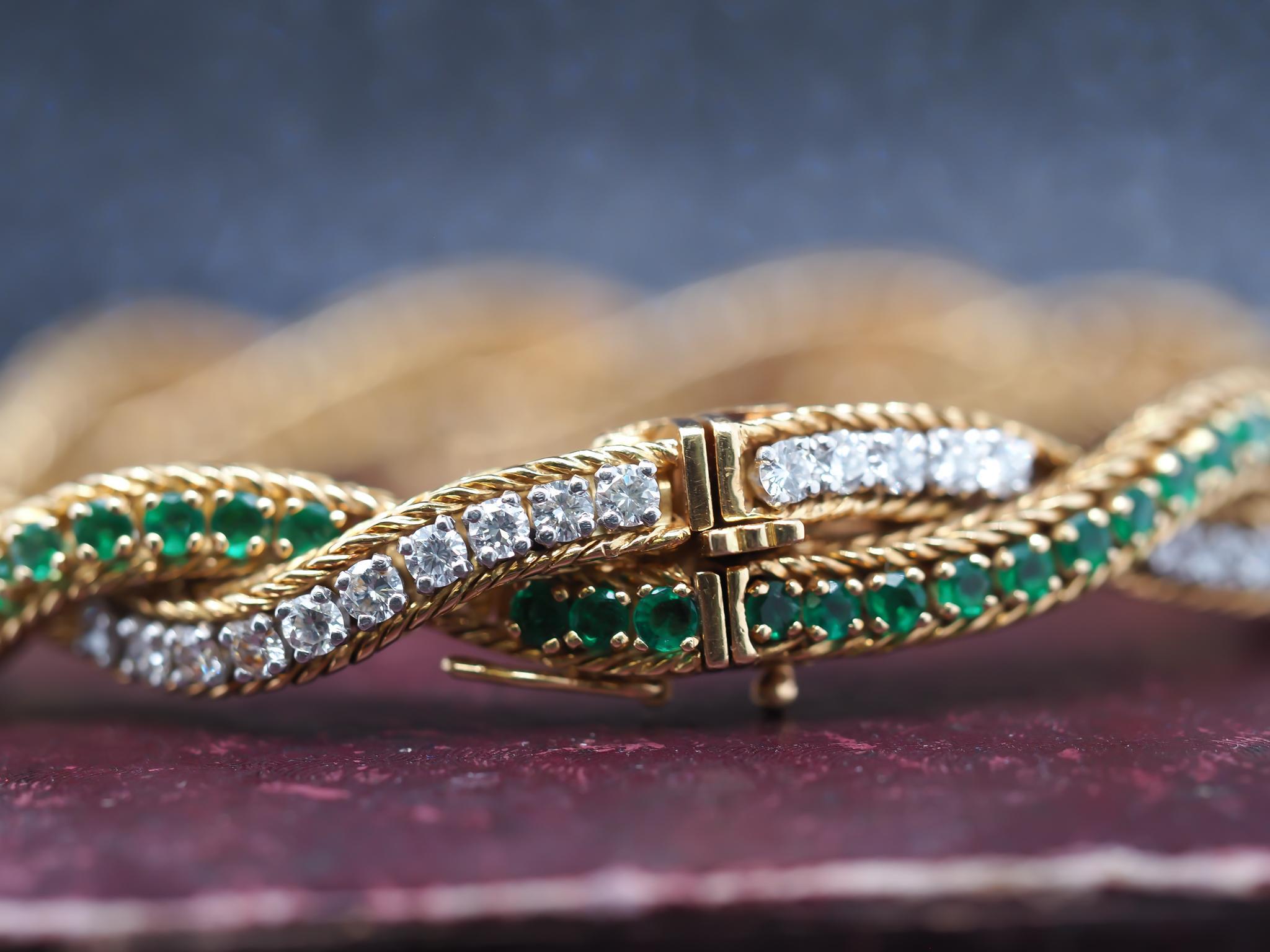 Vintage Oscar Heyman 18K Gold & Platinum Emerald and Diamond Bracelet For Sale 3