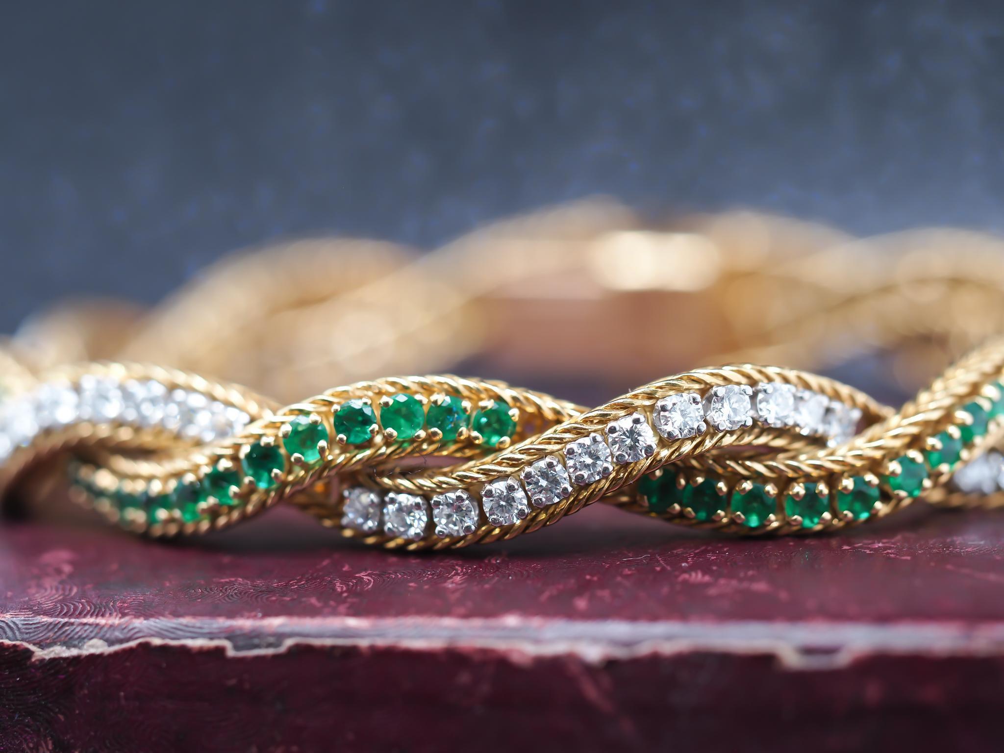 Vintage Oscar Heyman 18K Gold & Platinum Emerald and Diamond Bracelet For Sale 4