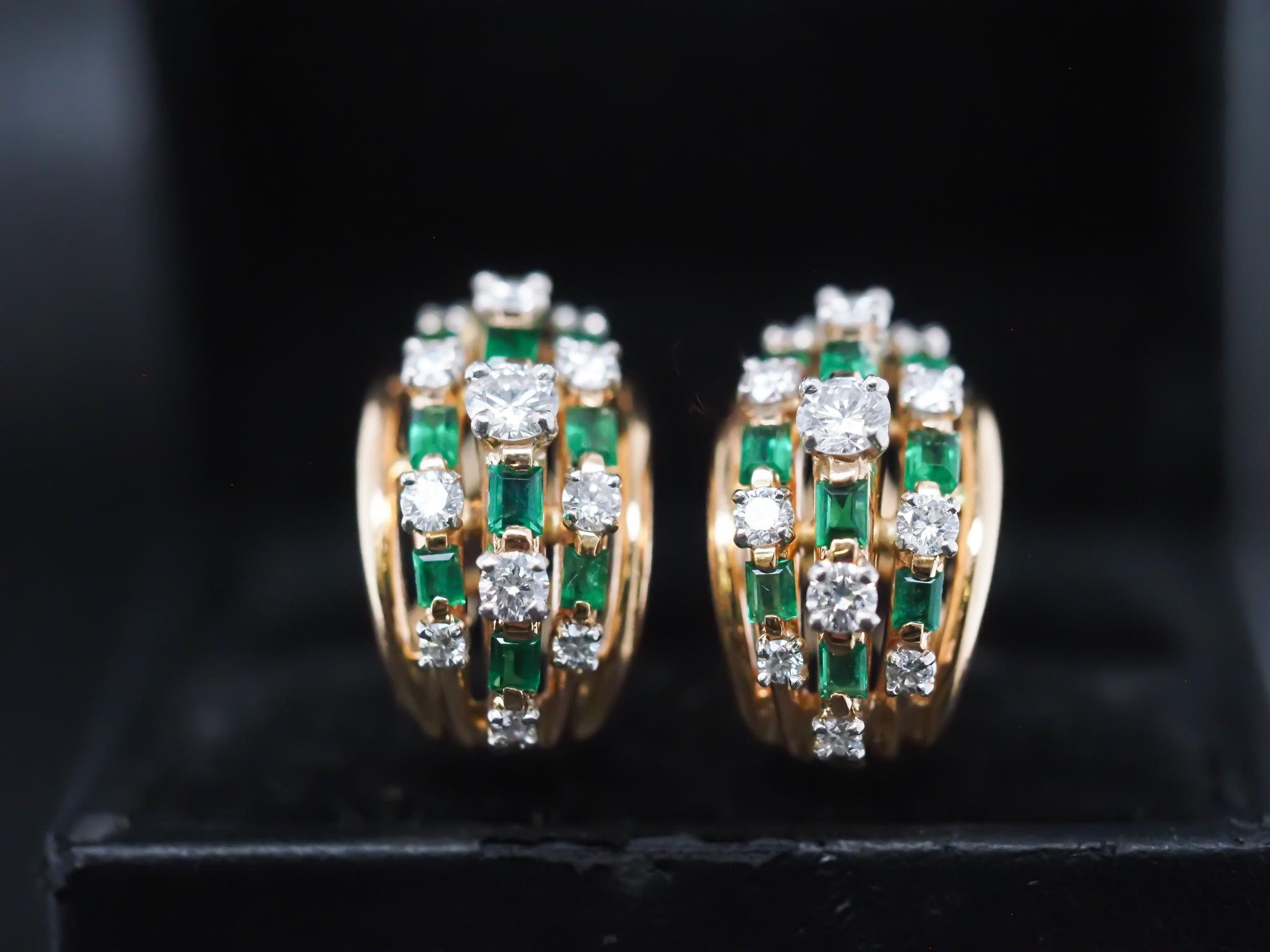 Brilliant Cut Vintage Oscar Heyman 18K Yellow Gold and Platinum Diamond Emerald Earrings For Sale