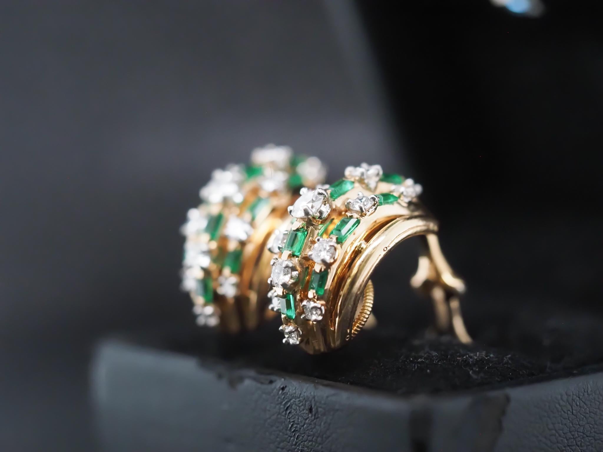 Women's Vintage Oscar Heyman 18K Yellow Gold and Platinum Diamond Emerald Earrings For Sale