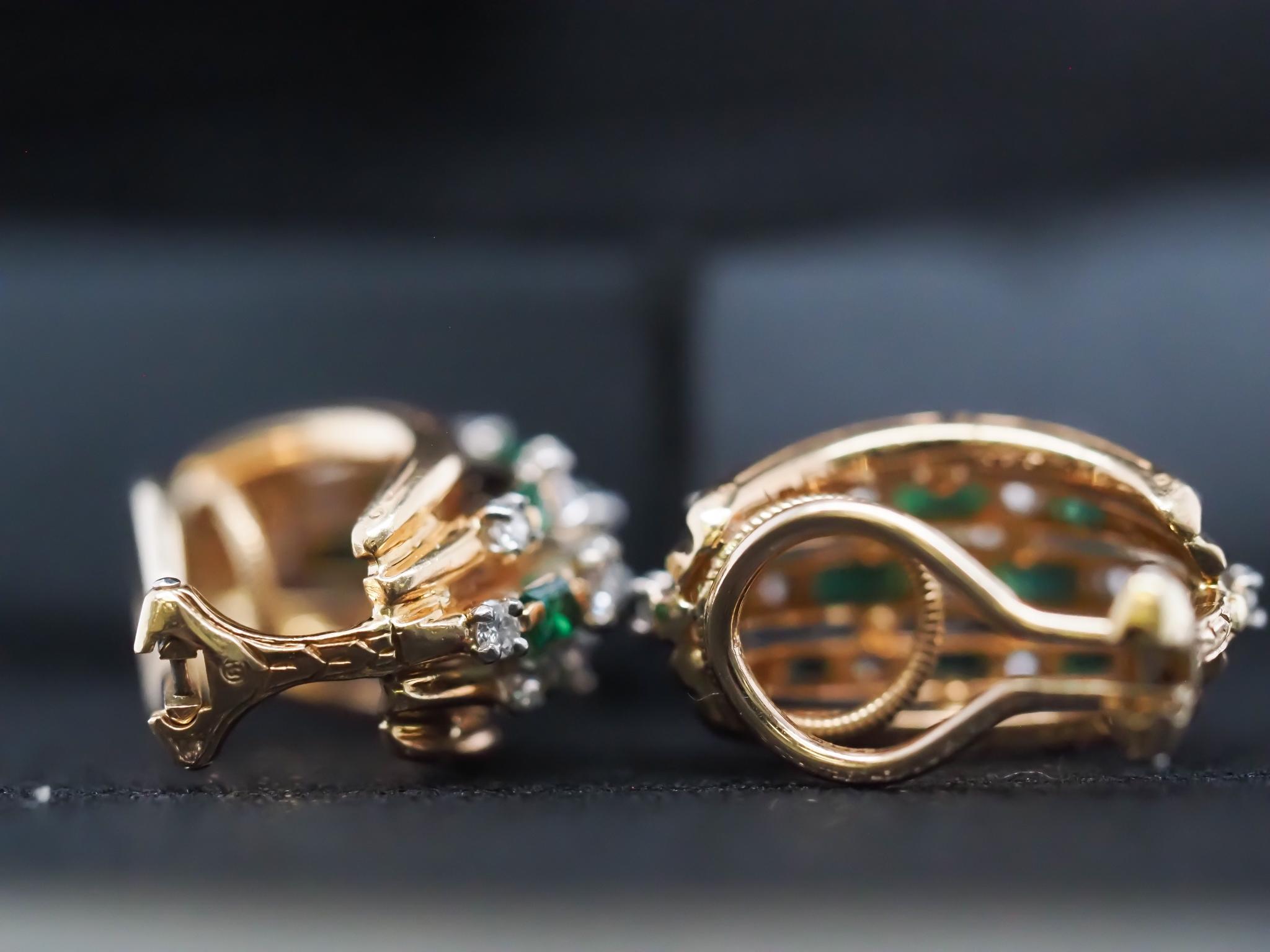 Vintage Oscar Heyman 18K Yellow Gold and Platinum Diamond Emerald Earrings For Sale 1