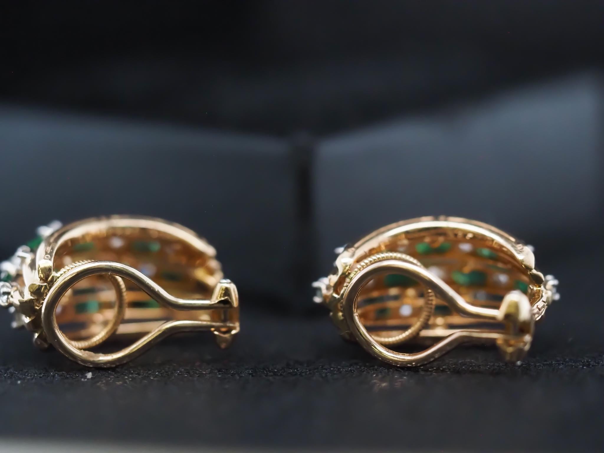 Vintage Oscar Heyman 18K Yellow Gold and Platinum Diamond Emerald Earrings For Sale 2