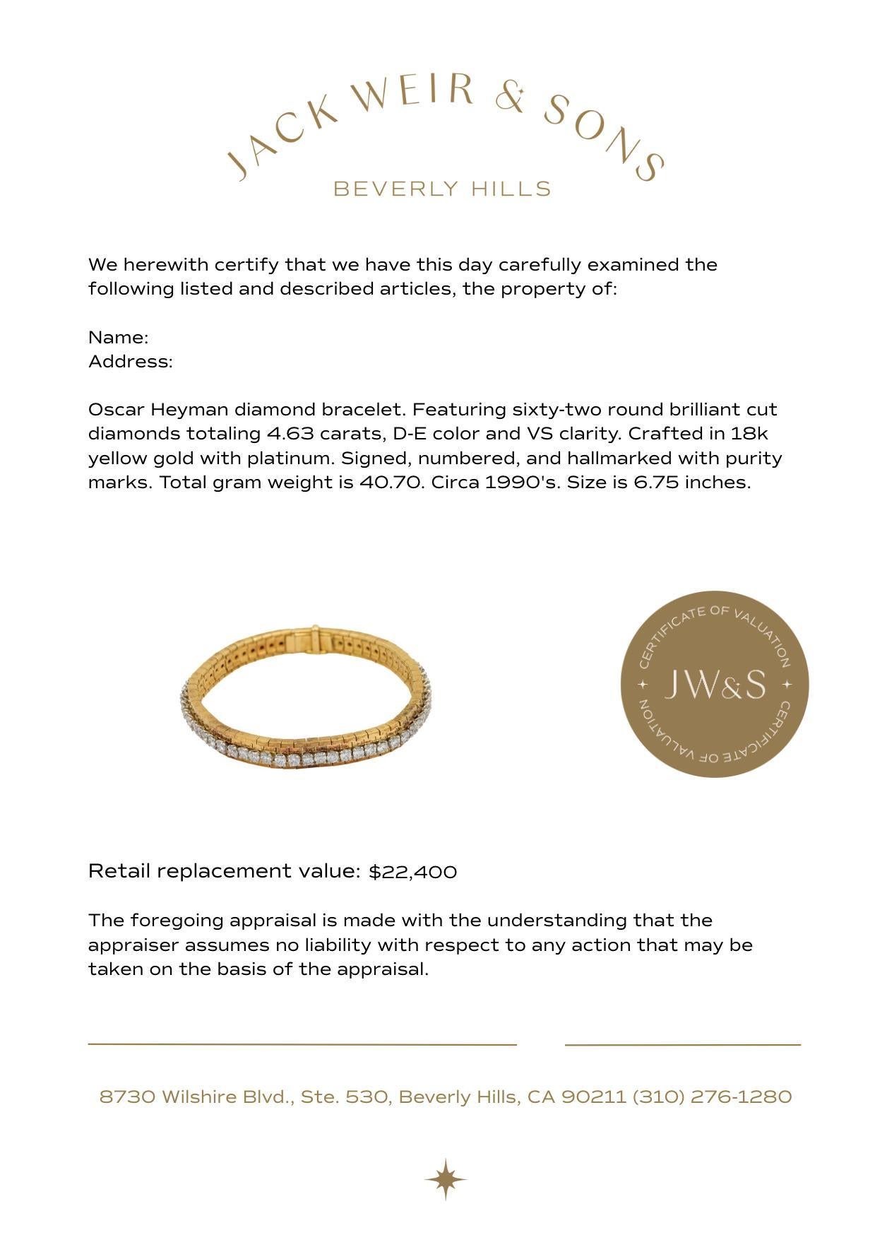 Vintage Oscar Heyman 4.63 carat diamond 18k yellow gold tennis bracelet In Good Condition For Sale In Beverly Hills, CA