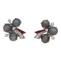 Vintage Oscar Heyman Purple Star Sapphire, Ruby and Diamond Earrings in Platinum