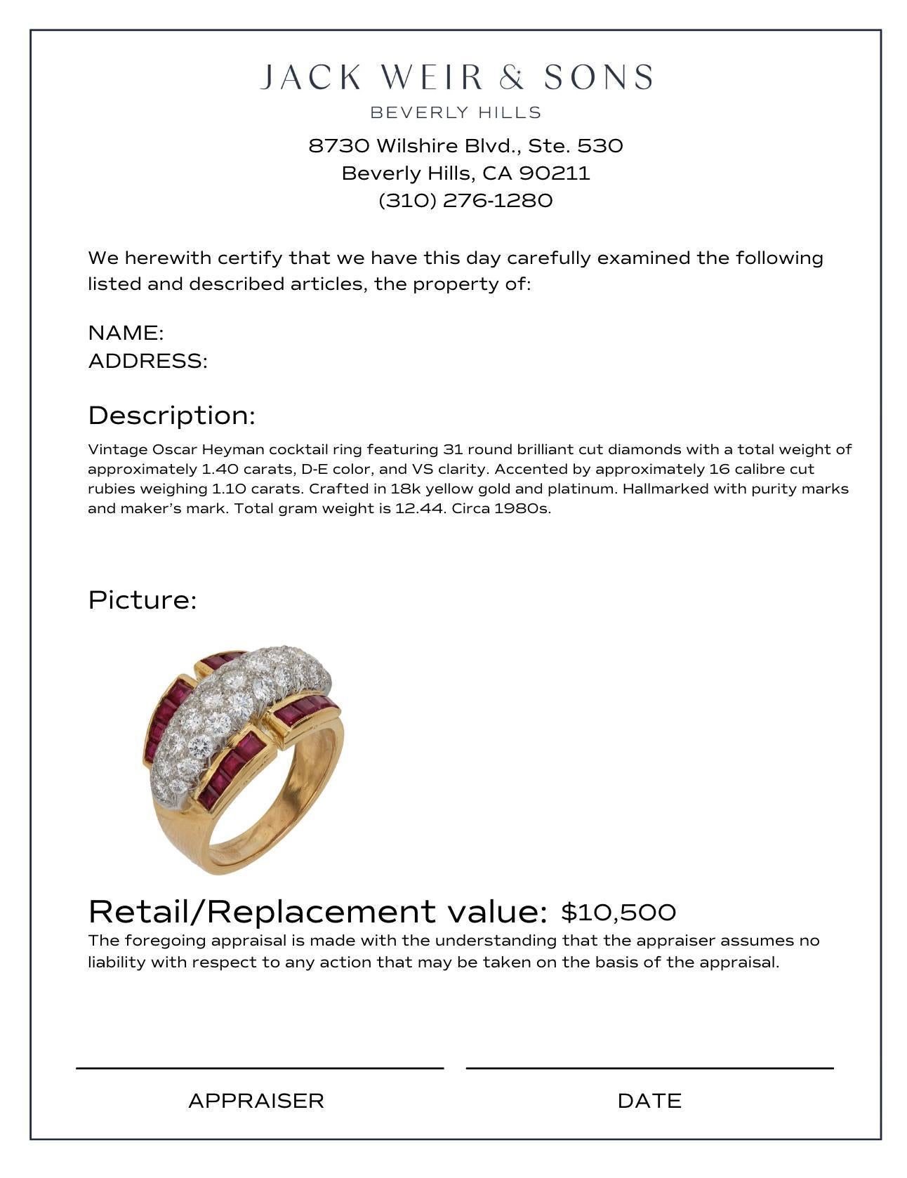 Modern Vintage Oscar Heyman diamond ruby 18k yellow gold platinum cocktail ring