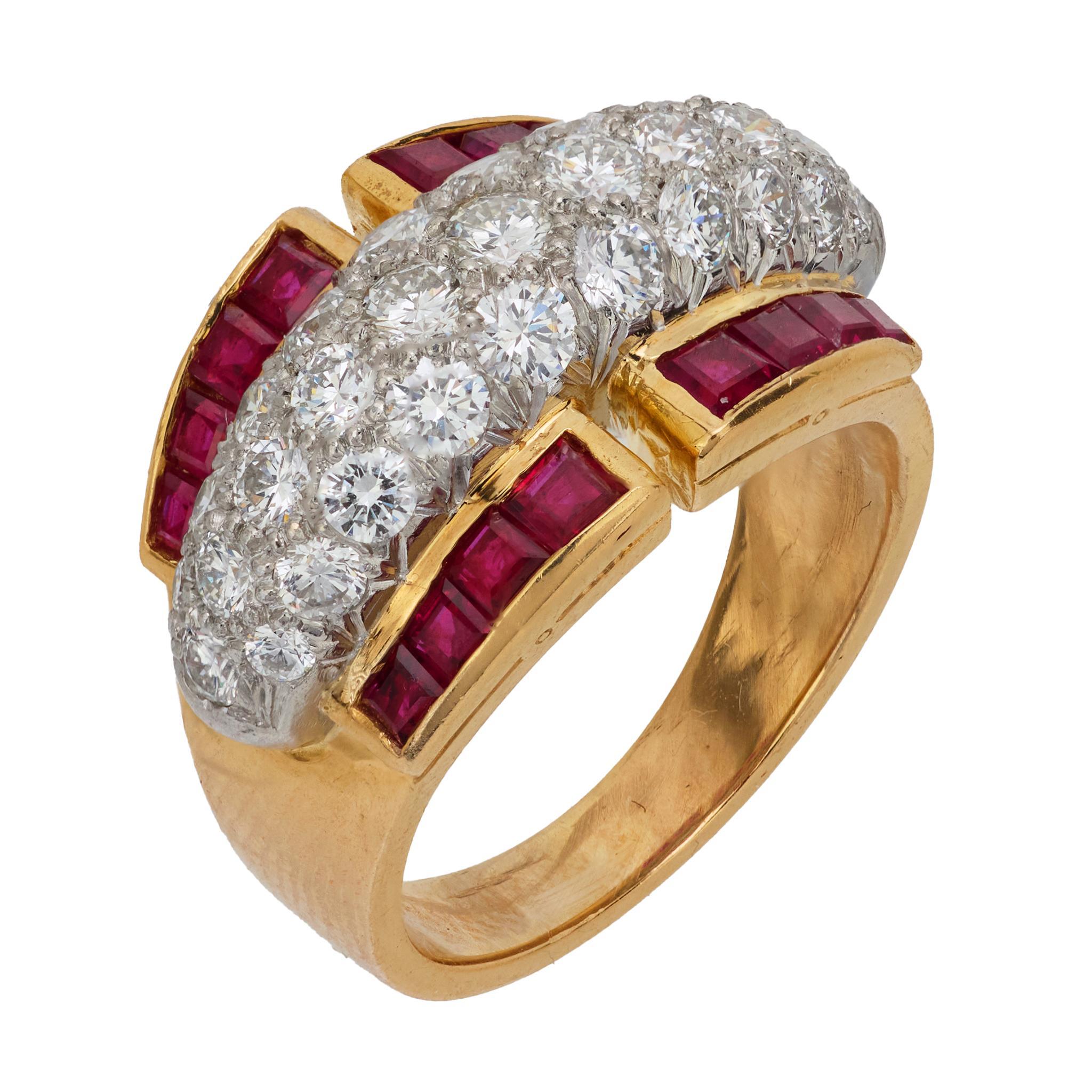 Brilliant Cut Vintage Oscar Heyman diamond ruby 18k yellow gold platinum cocktail ring