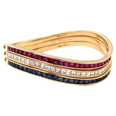 Vintage Oscar Heyman Diamond Sapphire Ruby 18 Karat Gold Bangle Set