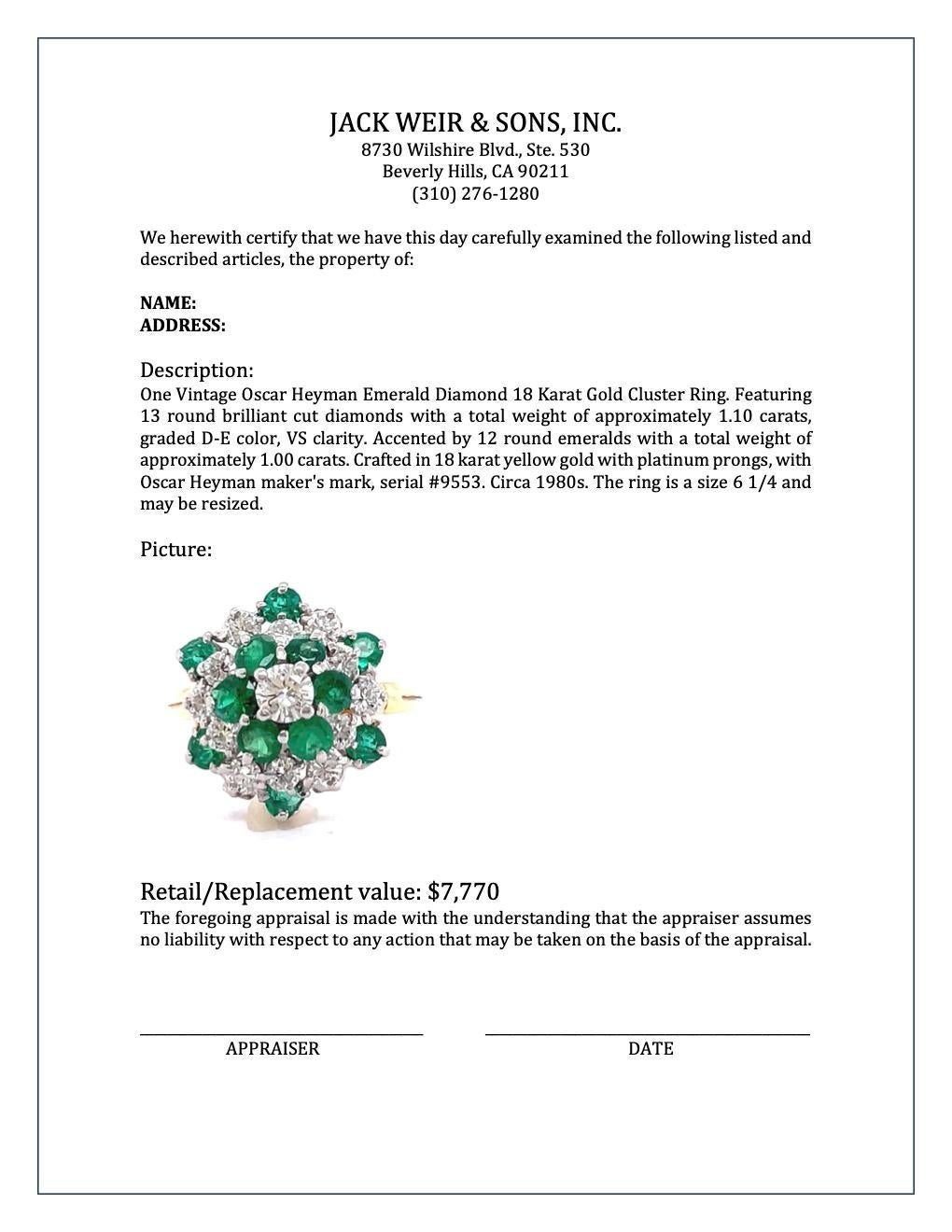 Vintage Oscar Heyman Emerald Diamond 18 Karat Gold Cluster Ring 2