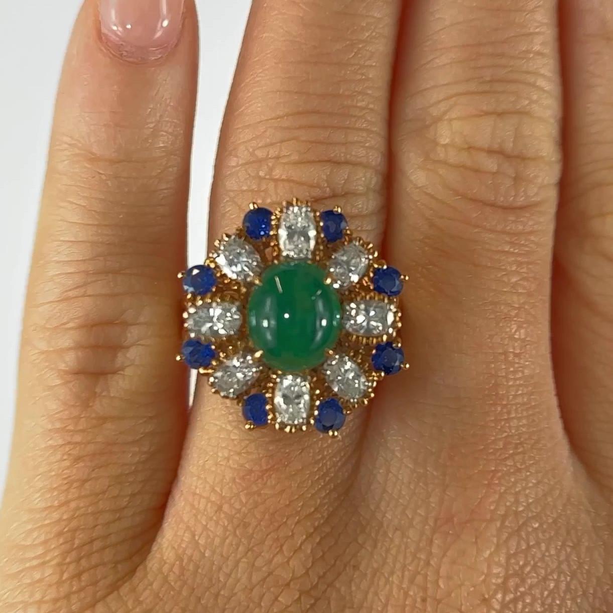 Cabochon Vintage Oscar Heyman Emerald Diamond Sapphire Cluster Cocktail Ring