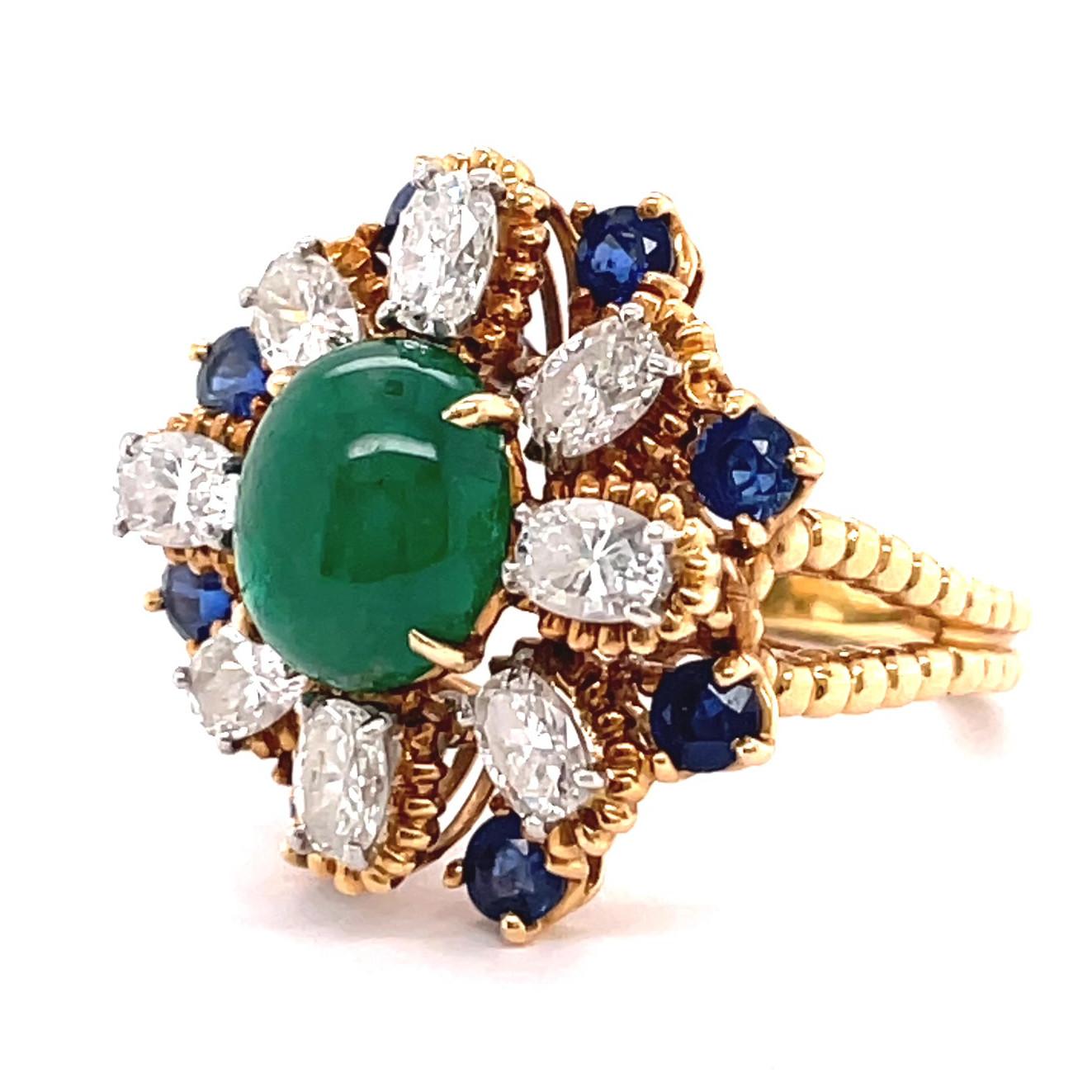 Women's or Men's Vintage Oscar Heyman Emerald Diamond Sapphire Cluster Cocktail Ring
