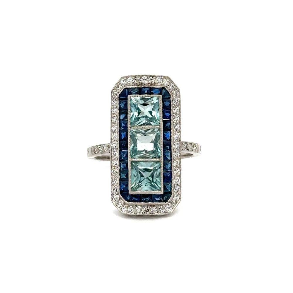 Mixed Cut Vintage Oscar Worthy Blue Zircon Sapphire and OEC Diamond Platinum Ring For Sale