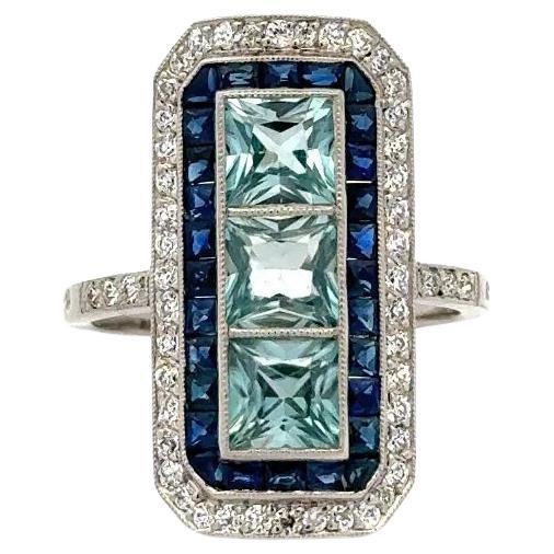 Vintage Oscar Worthy Blue Zircon Sapphire and OEC Diamond Platinum Ring For Sale