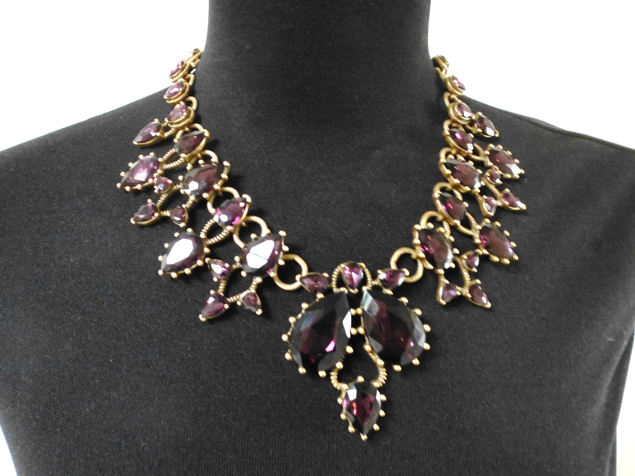Modern Vintage Oskar De La Renta necklace singed purple crystal Brass 90s 