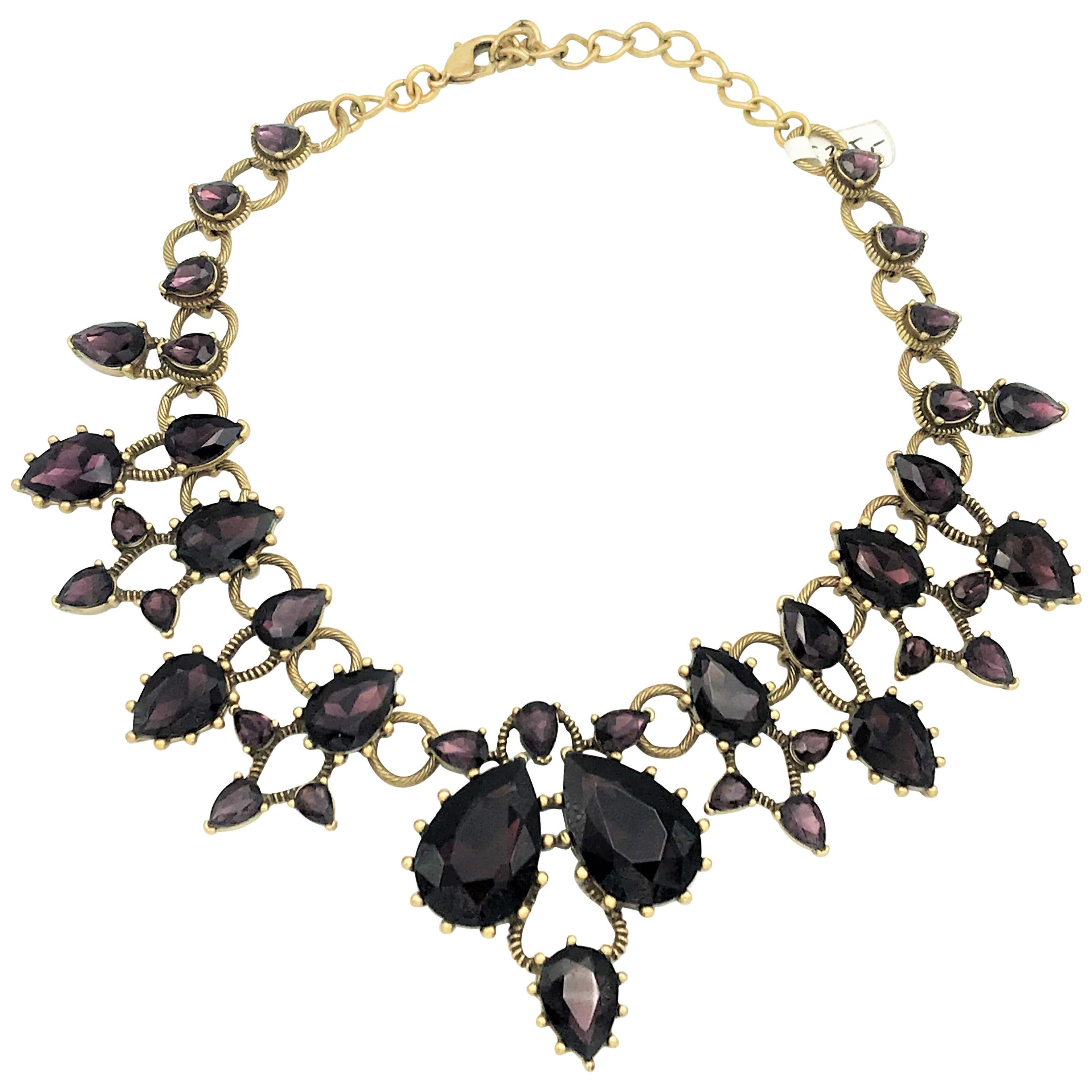 Vintage Oskar De La Renta necklace singed purple crystal Brass 90s 