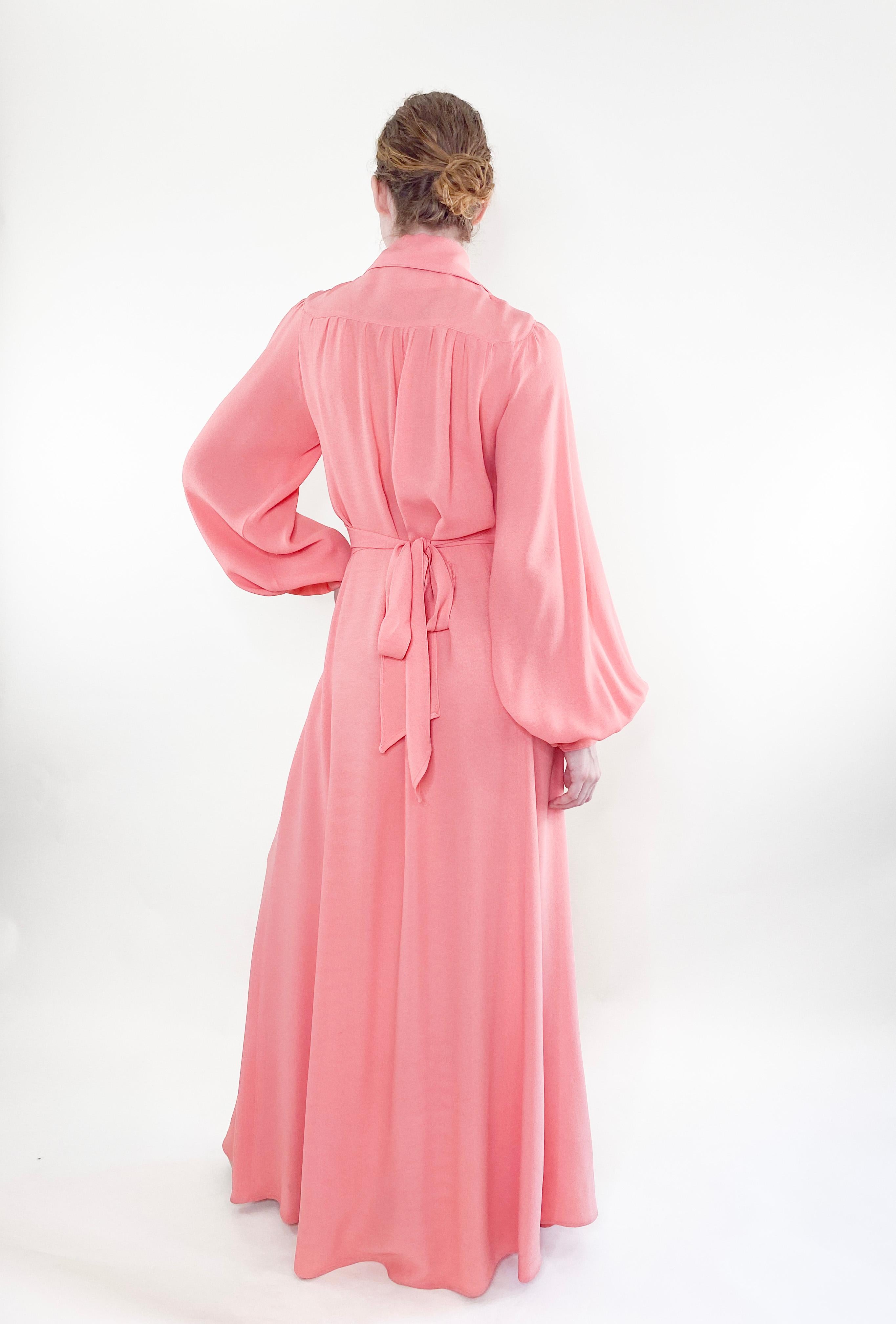 Vintage Ossie Clark 1970's Salmon Pink Crepe Maxi Dress For Sale 2