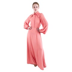 Vintage Ossie Clark Maxi Vestido de crepé rosa salmón de los años 70