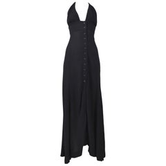 Vintage Ossie Clark Black Moss Crepe Halter Dress with Buttons