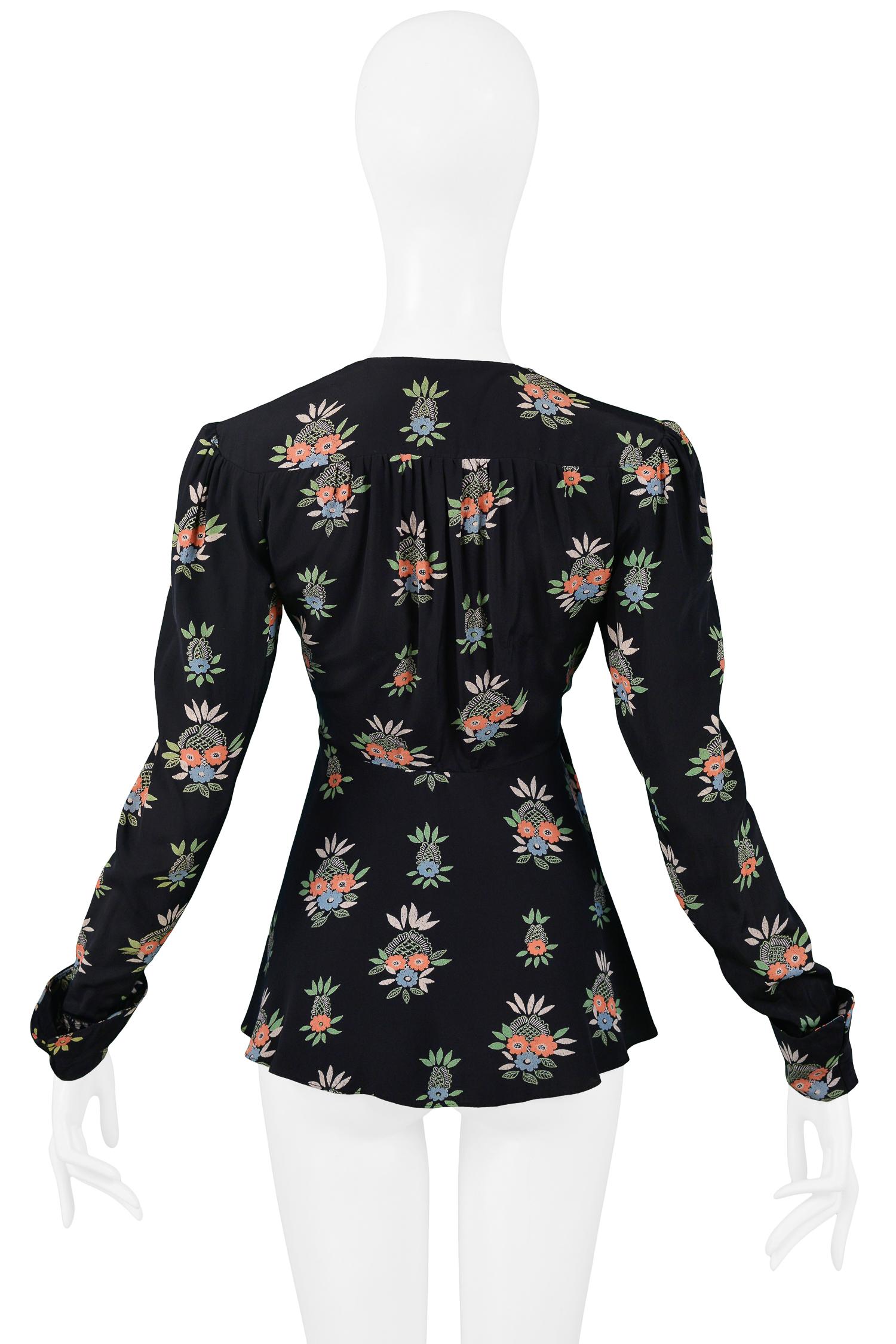Vintage Ossie Clark Black Peplum Top with Celia Birtwell Flower Basket Print In Excellent Condition In Los Angeles, CA