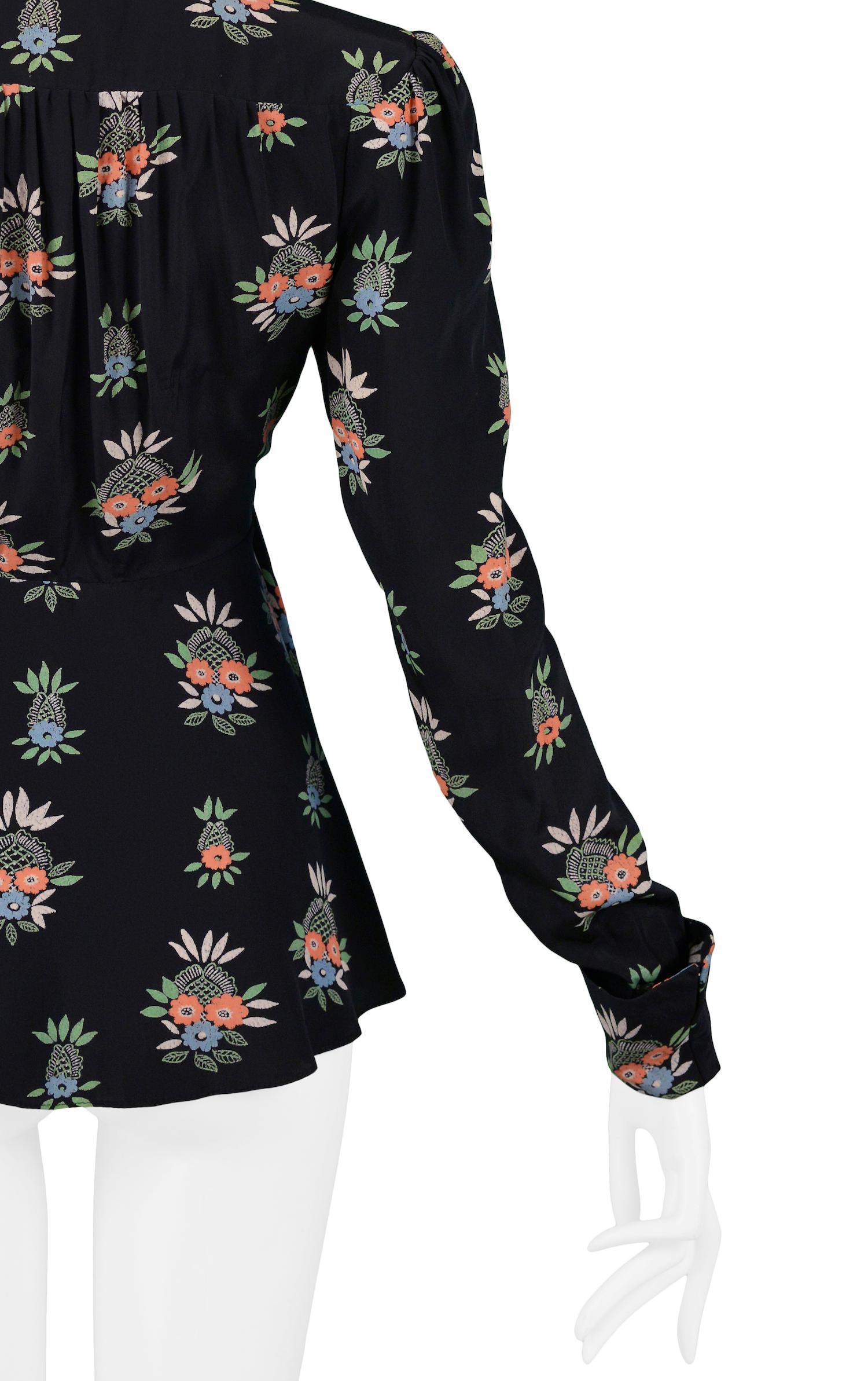 Women's Vintage Ossie Clark Black Peplum Top with Celia Birtwell Flower Basket Print