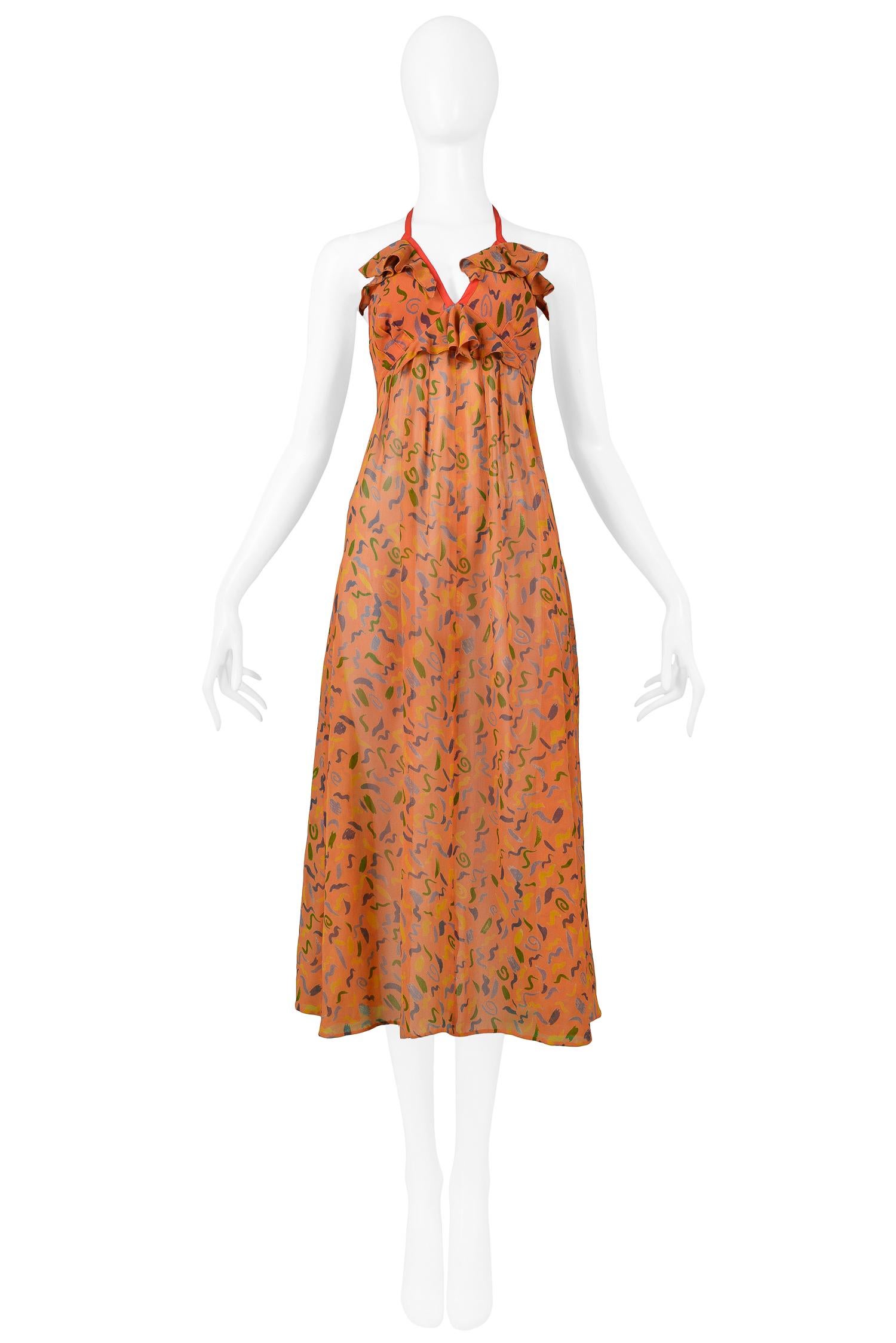 Vintage Ossie Clark orange moss crepe rayon halter dress with Celia Birtwell abstract print, ruffle bodice, center back zipper, neck tie, and red trim. Circa 1970. 

Good Vintage Condition.

Size: Fits like a today's size small.

Measurements: 
Bust