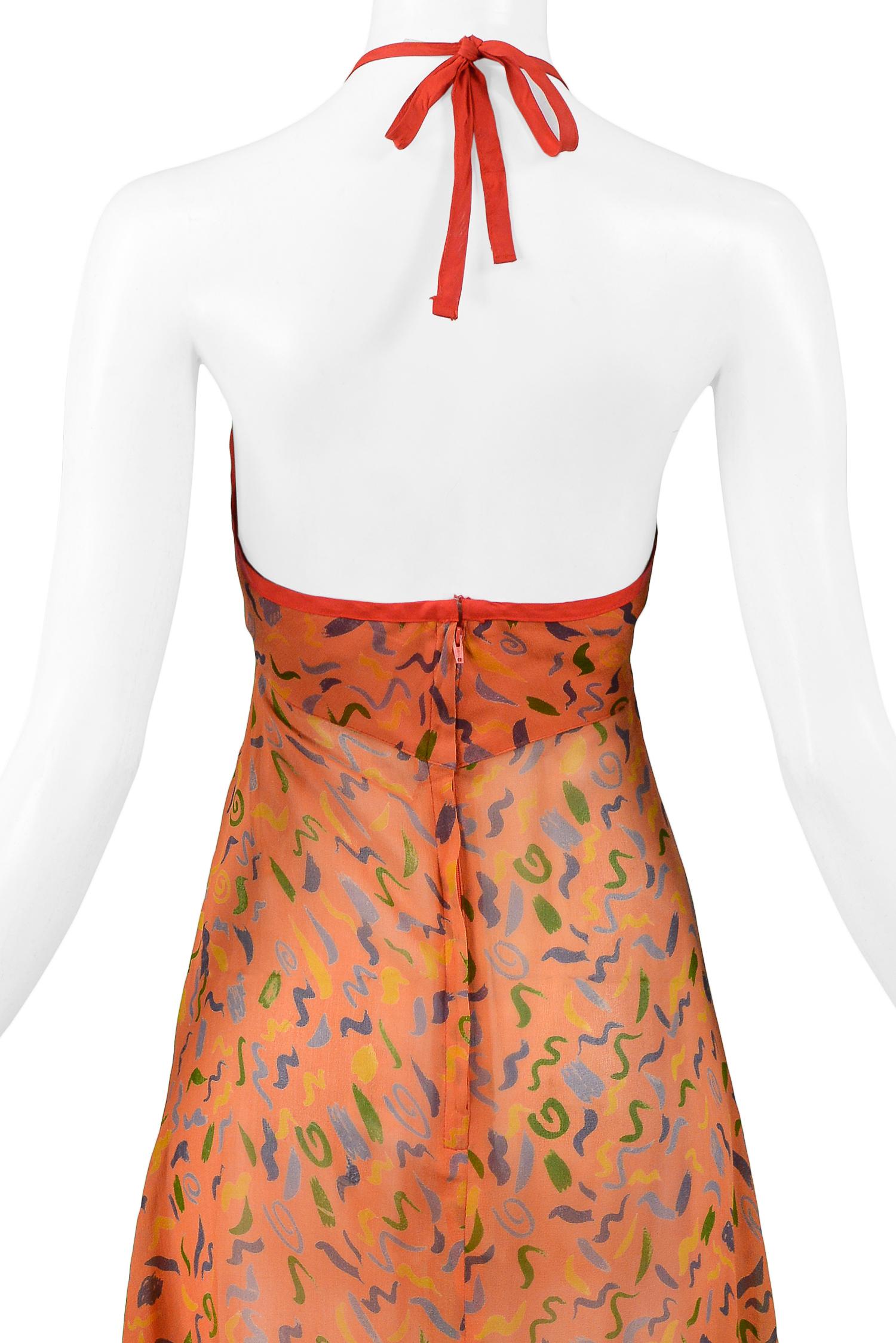 Women's Vintage Ossie Clark Orange Crepe Halter Dress with Celia Birtwell Print