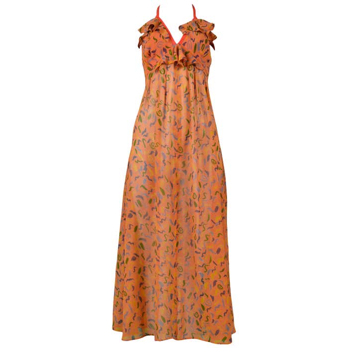 Vintage Ossie Clark Orange Crepe Halter Dress with Celia Birtwell Print ...