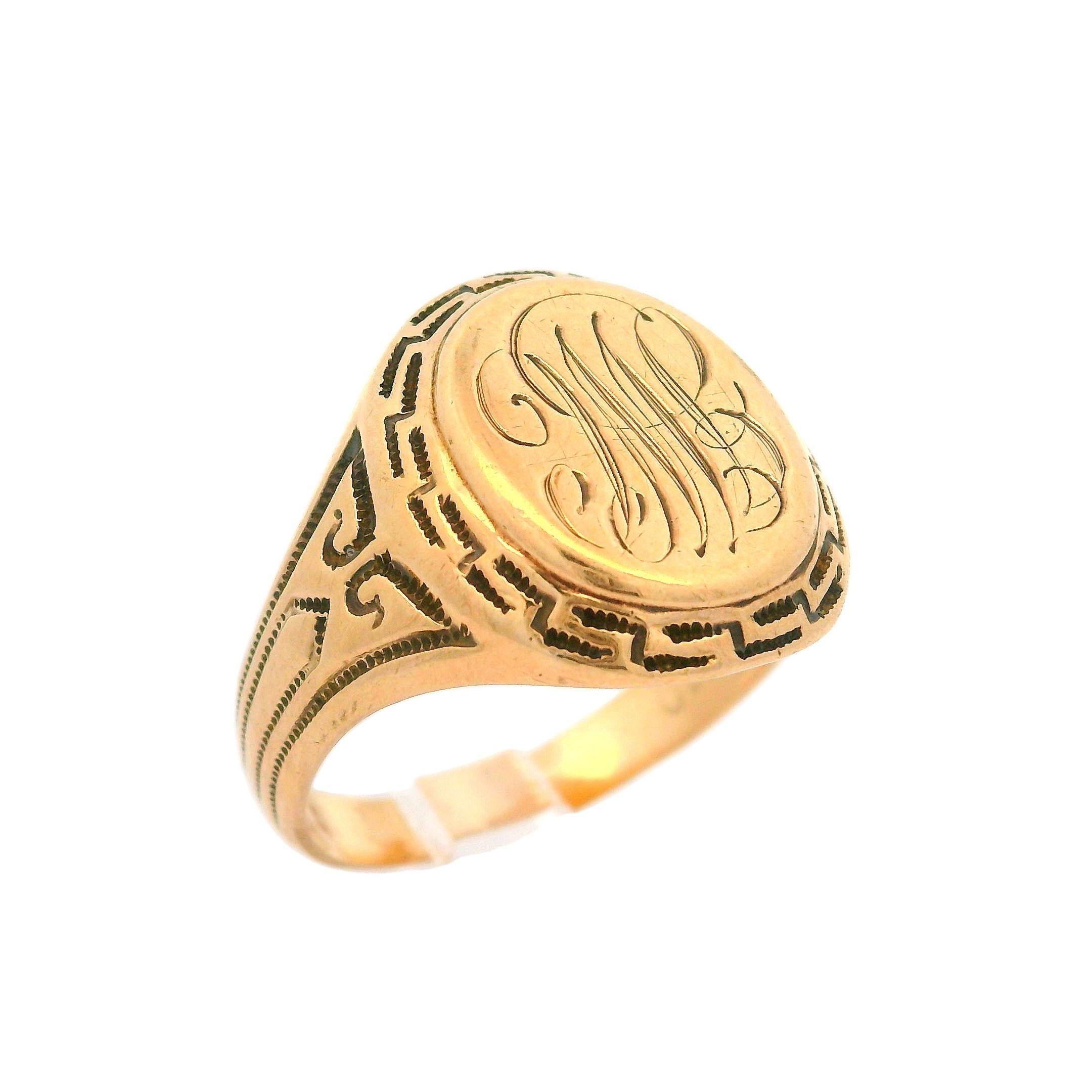 Vintage Ostby Barton 10k Rosy Yellow Gold Milgrain Greek Key Signet Band Ring en venta 6