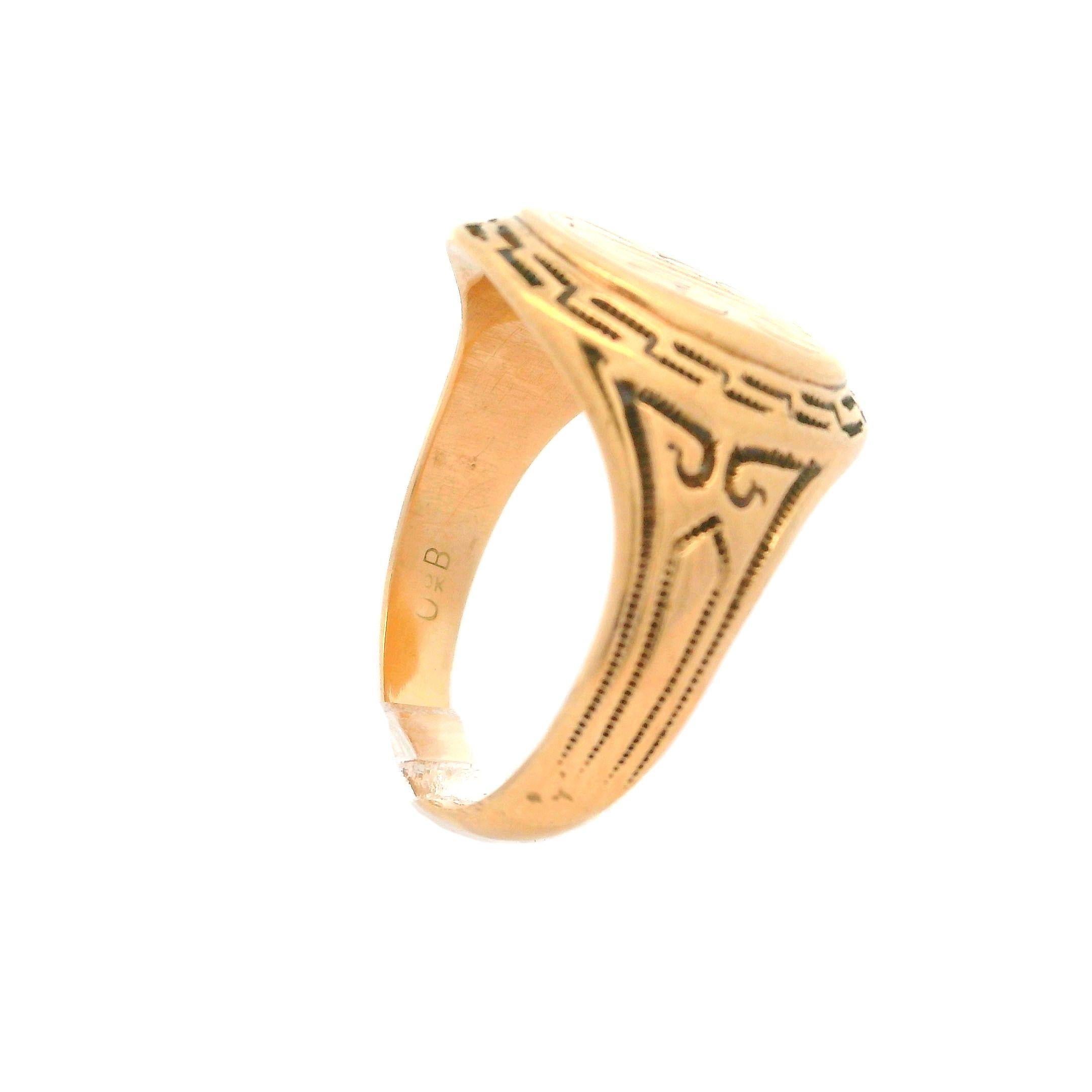 Vintage Ostby Barton 10k Rosy Yellow Gold Milgrain Greek Key Signet Band Ring en venta 7