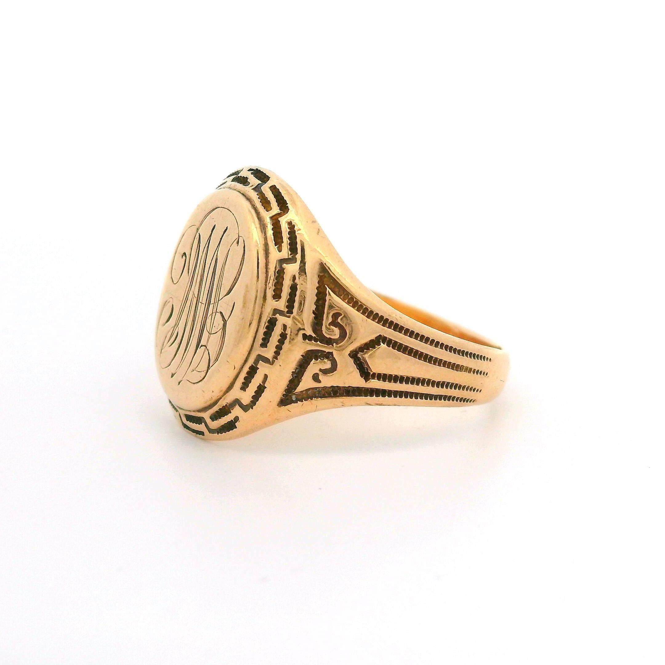 Vintage Ostby Barton 10k Rosy Yellow Gold Milgrain Greek Key Signet Band Ring en venta 2