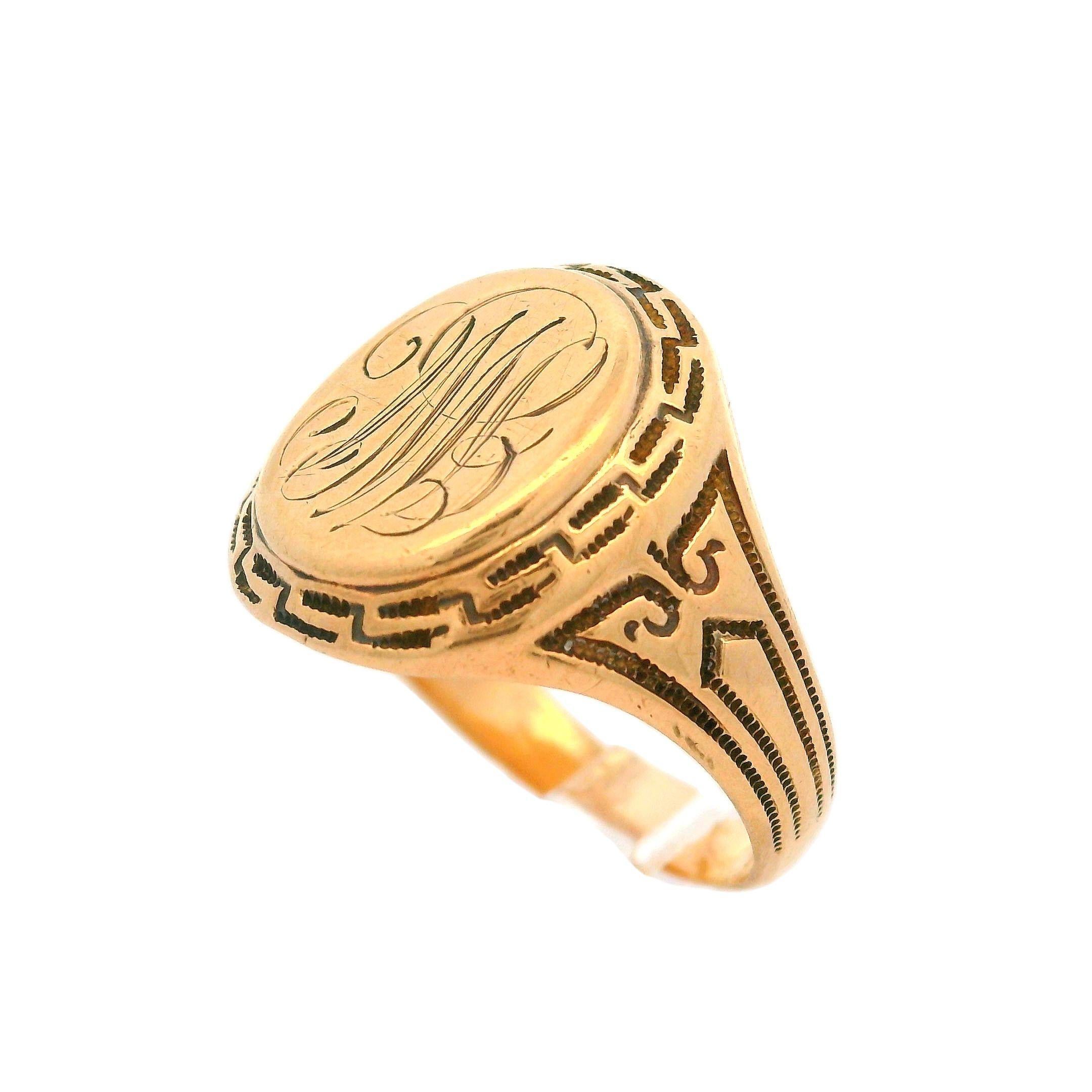 Vintage Ostby Barton 10k Rosy Yellow Gold Milgrain Greek Key Signet Band Ring en venta 4